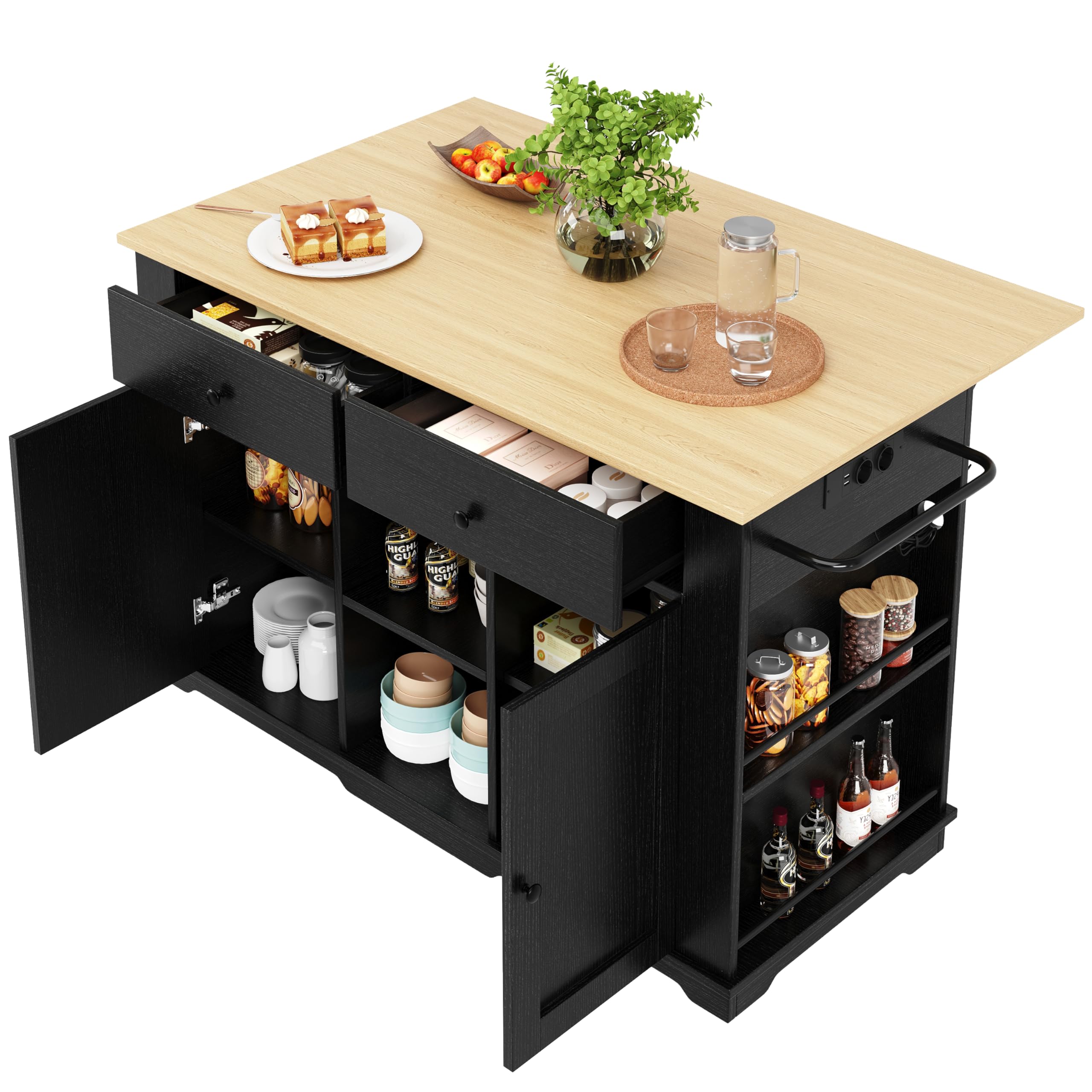 Kücheninsel mit Rollen, Mobile Küchenschrank mit Steckdosenleiste Ausgestattet, Küchenkommode mit Klappbarer Arbeitsplatte, Küchen Sideboard, für Esszimmer, 151,5cm, Holzmaserung, Schwarz