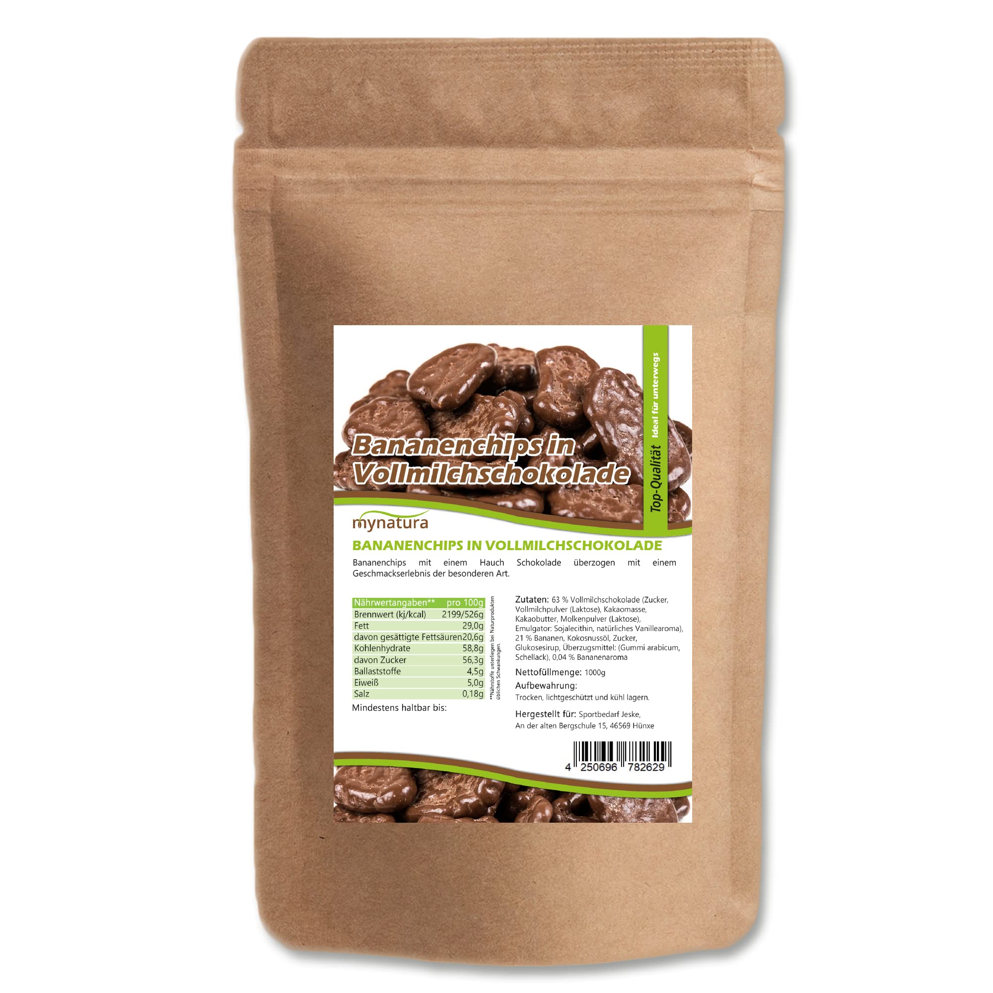 Mynatura Bananenchips, mit Vollmilchschokolade umhüllt I Schokolade I Banane I Snack I Topping I Süßigkeiten I Im Beutel (2x 1000g)