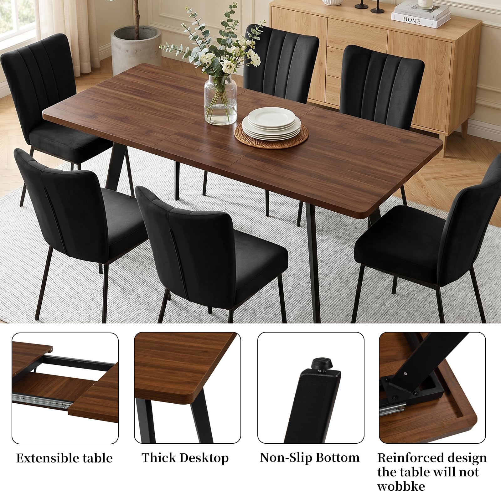 JIEXI Ausziehbares Esszimmer-Set mit 6 Stühlen, platzsparender Tisch aus MDF-Holz und stabilem Metallgestell, ideal für Esszimmer, Küche und Wohnungen – Tisch in Walnussoptik + schwarze Samtstühle