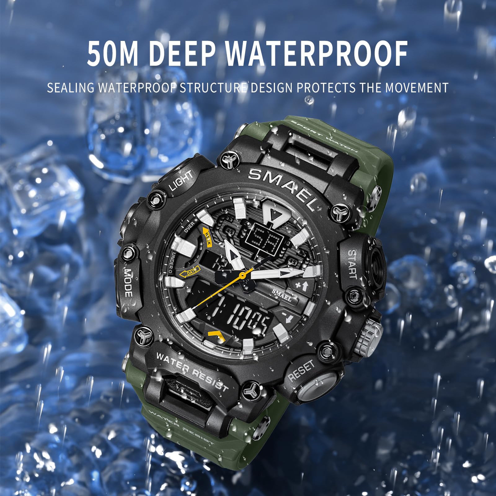 SMAEL 8053 Reloj deportivo digital para hombre con diseño elegante, funciones multifuncionales y cronometraje fiable (verde militar), Verde militar.