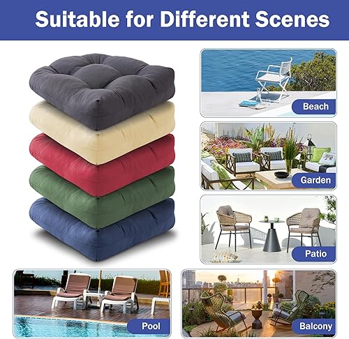 Miniatura 7 de Juego de 2 cojines para sillas de exterior, cojines para sillas de patio con lazos, 19x19+5" cojines de asiento acolchados para exteriores, cojines