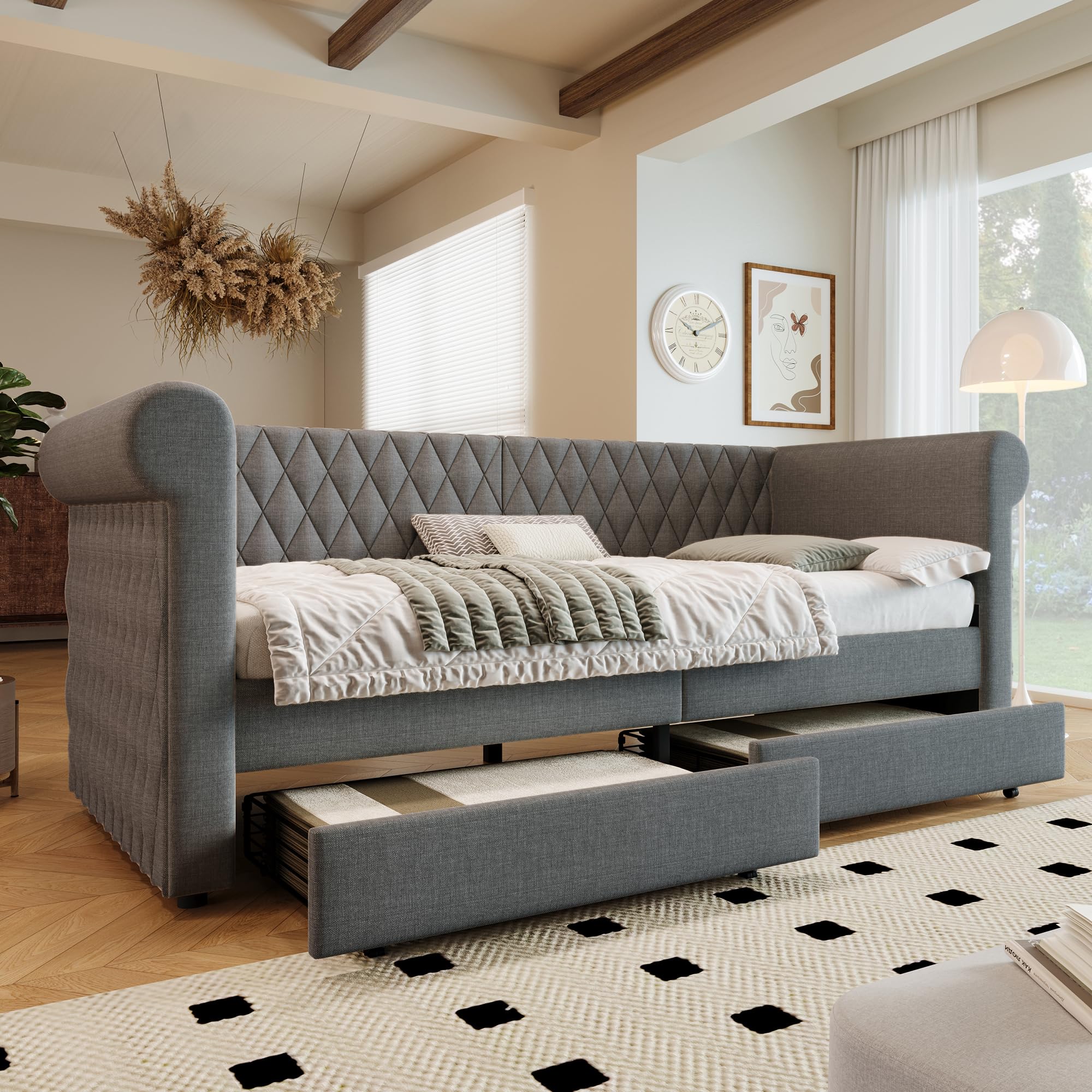 Soweiz Testiera vintage letto imbottito divano letto, divano letto letto singolo con 2 cassetti portaoggetti, letto per bambini letto per giovani telaio del letto con rete a doghe in legno, lino