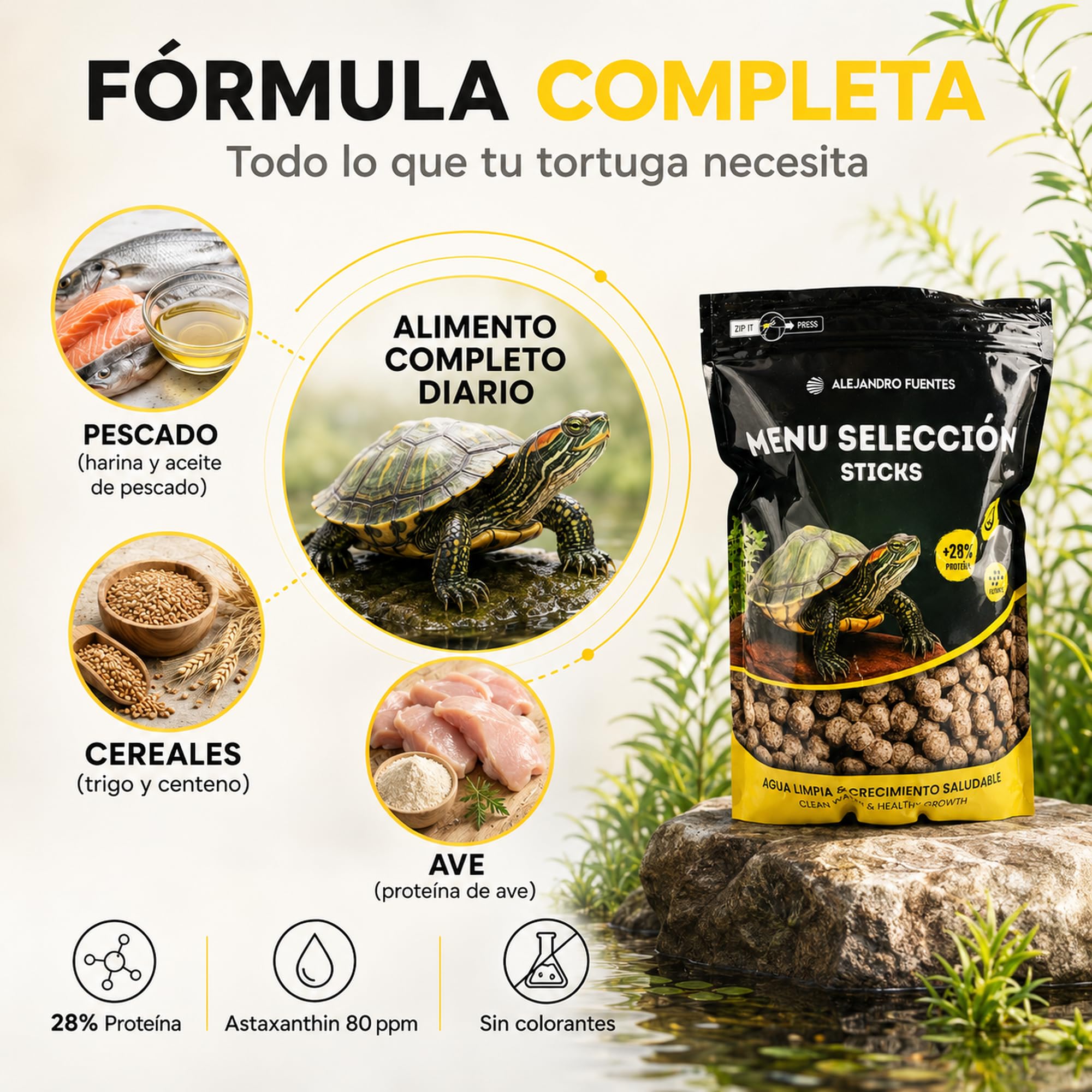 AF® Comida para Tortugas de Agua Adultas 1,5kg/5L Sticks Flotantes 5mm, 28% Proteína para Caparazón Fuerte, Agua Limpia y Sin Olores, Comida Tortuga con Cierre Zip y Cuchara Medidora Incluida