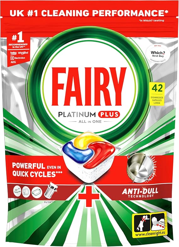 Fairy Platinum Plus Dishwasher Tablets 42 Pack, Lemon, Anti-Dull Technology