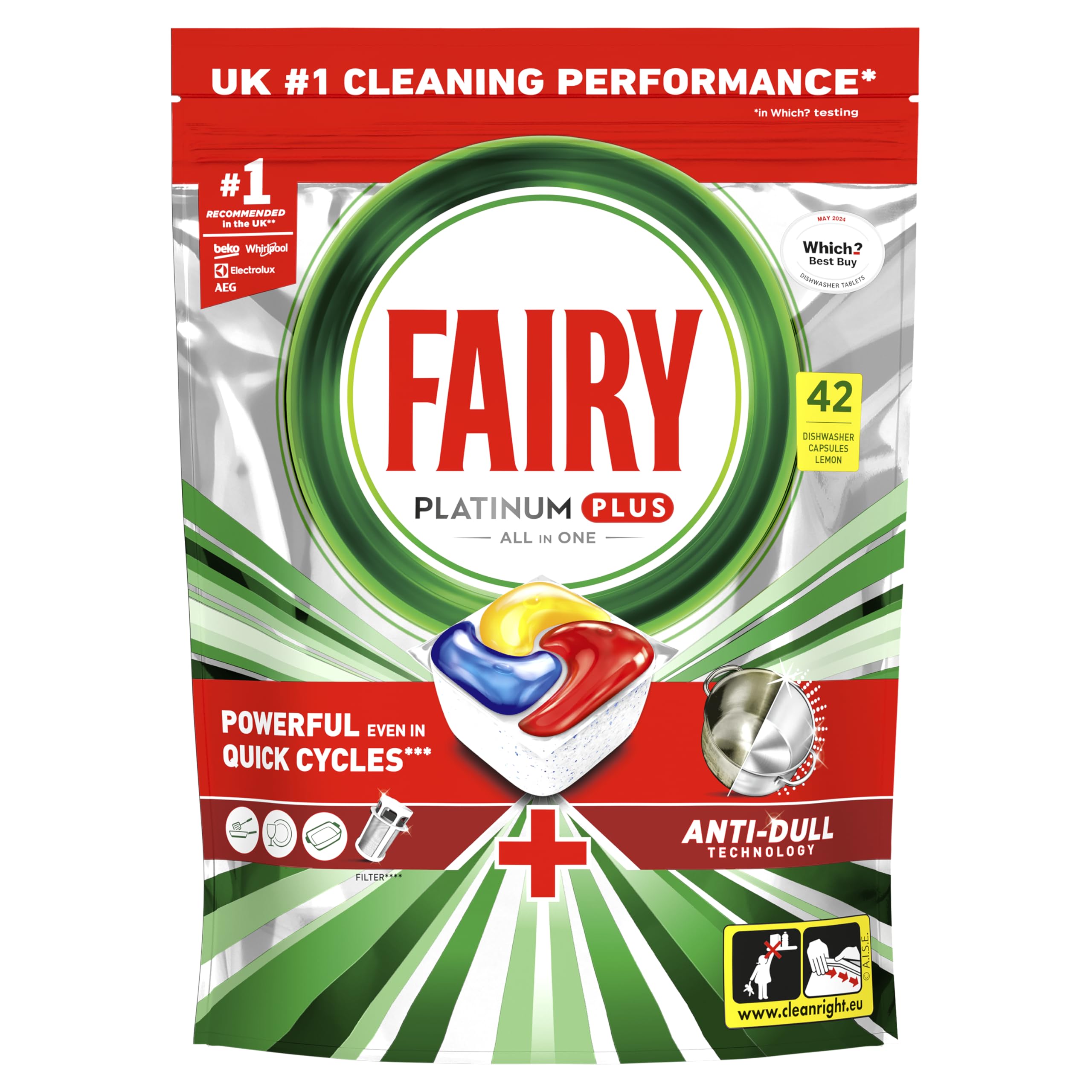Fairy Platinum Plus Dishwasher Tablets – 42 Pack, Lemon, Anti-Dull Technology