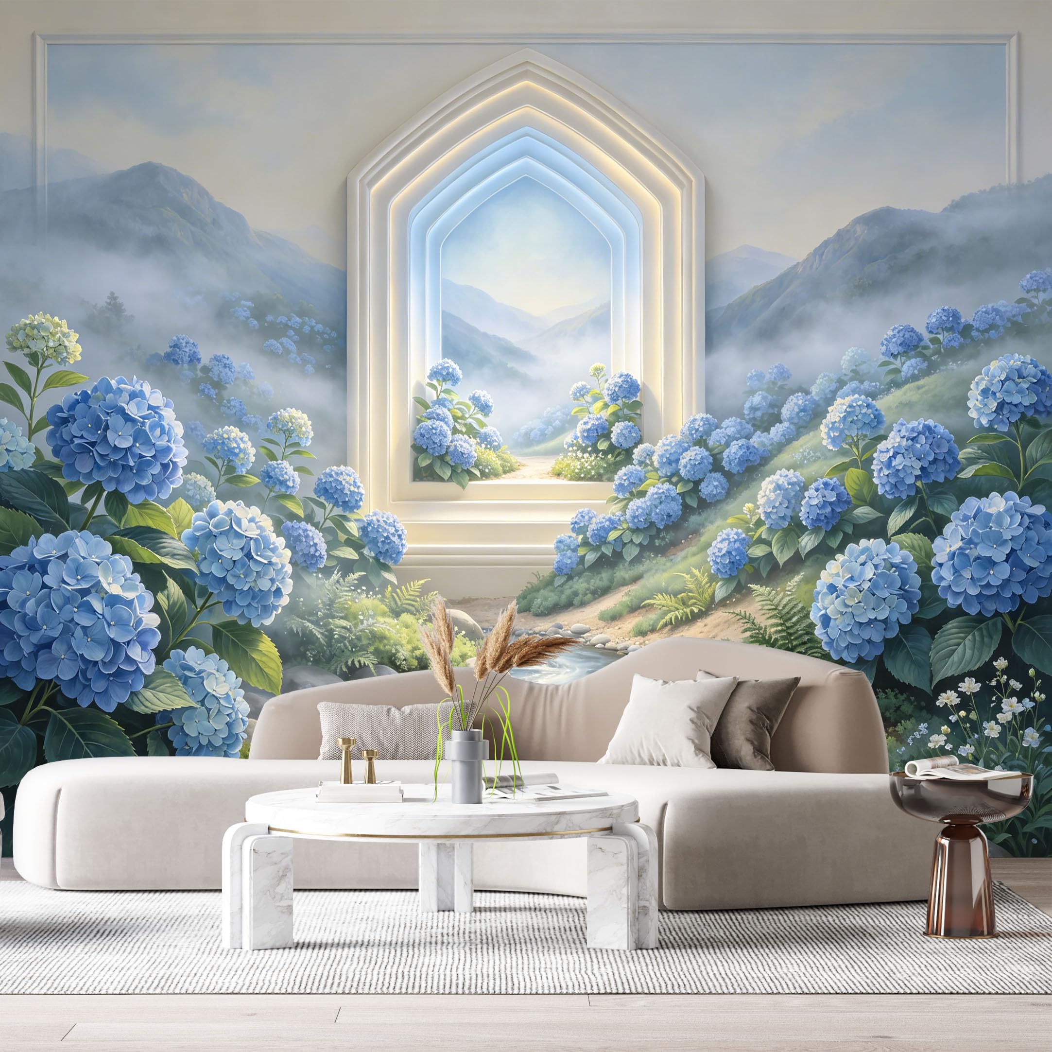 Custom Size Wall Murals Blue Hydrangea Flower Mountain Stream 3D Trompe L'Oeil SelfAdhesiveWall Fabric Removable Wallpaper Wall Decor for Living Room Bedroom Bathroom