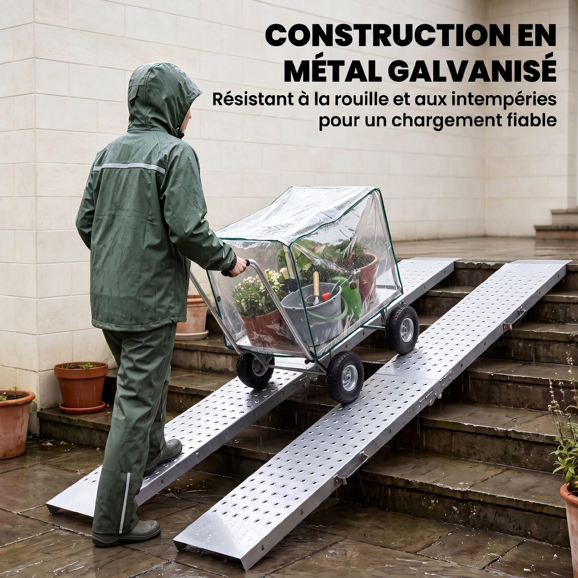 HOMCOM Rampes de Chargement Pliantes Lot de 2 180 x 25,5 cm Argent | Avec Poignées, Rampe d'Accès en Métal Galvanisé, Surface Antidérapante, Charge Max. 400 kg, pour Moto Quad ATV Remorque