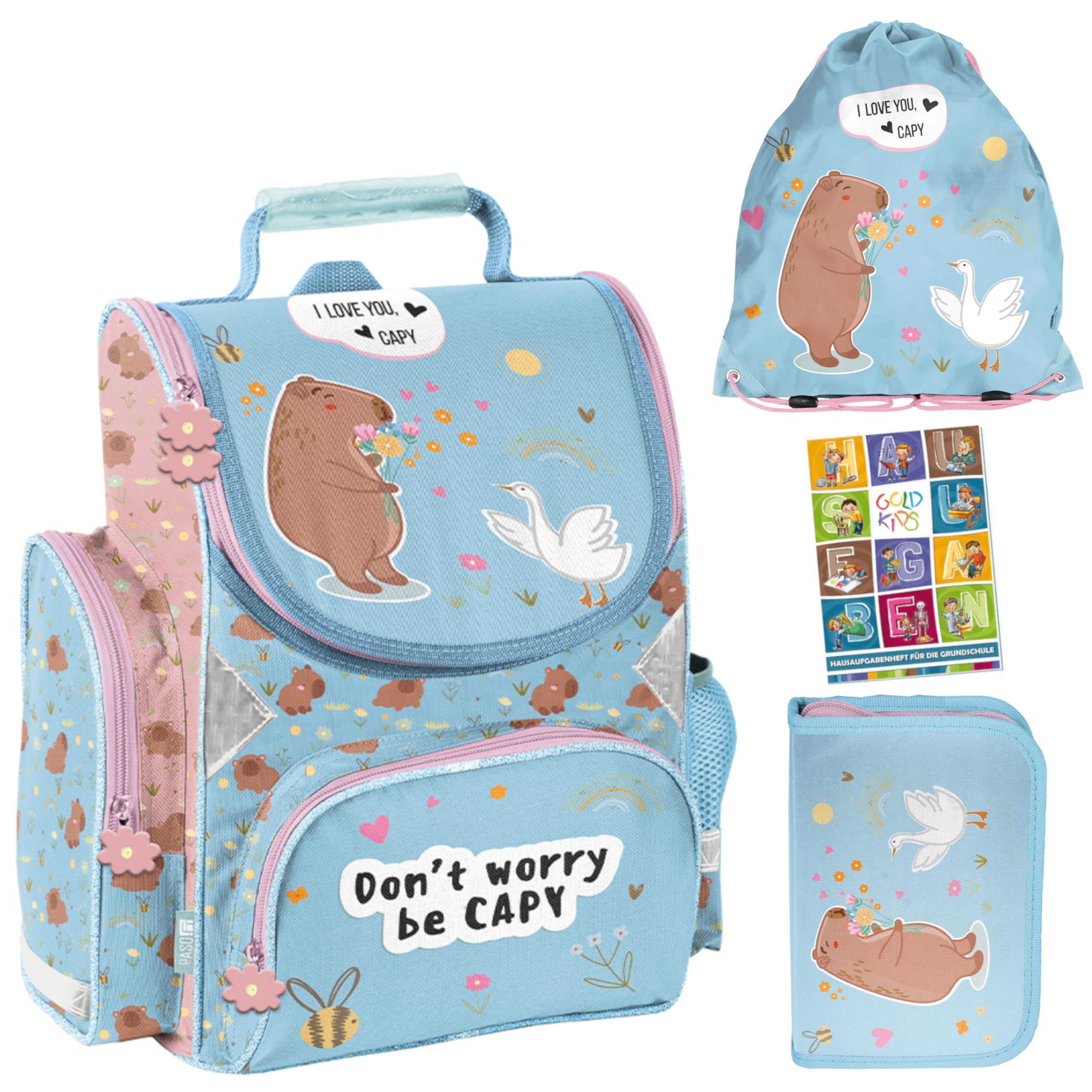PASO Set di 4 zaini per la scuola per bambini e bambine, con astuccio, borsa per scarpe e quaderno per i compiti, motivo maiale d'acqua, classe 1-3