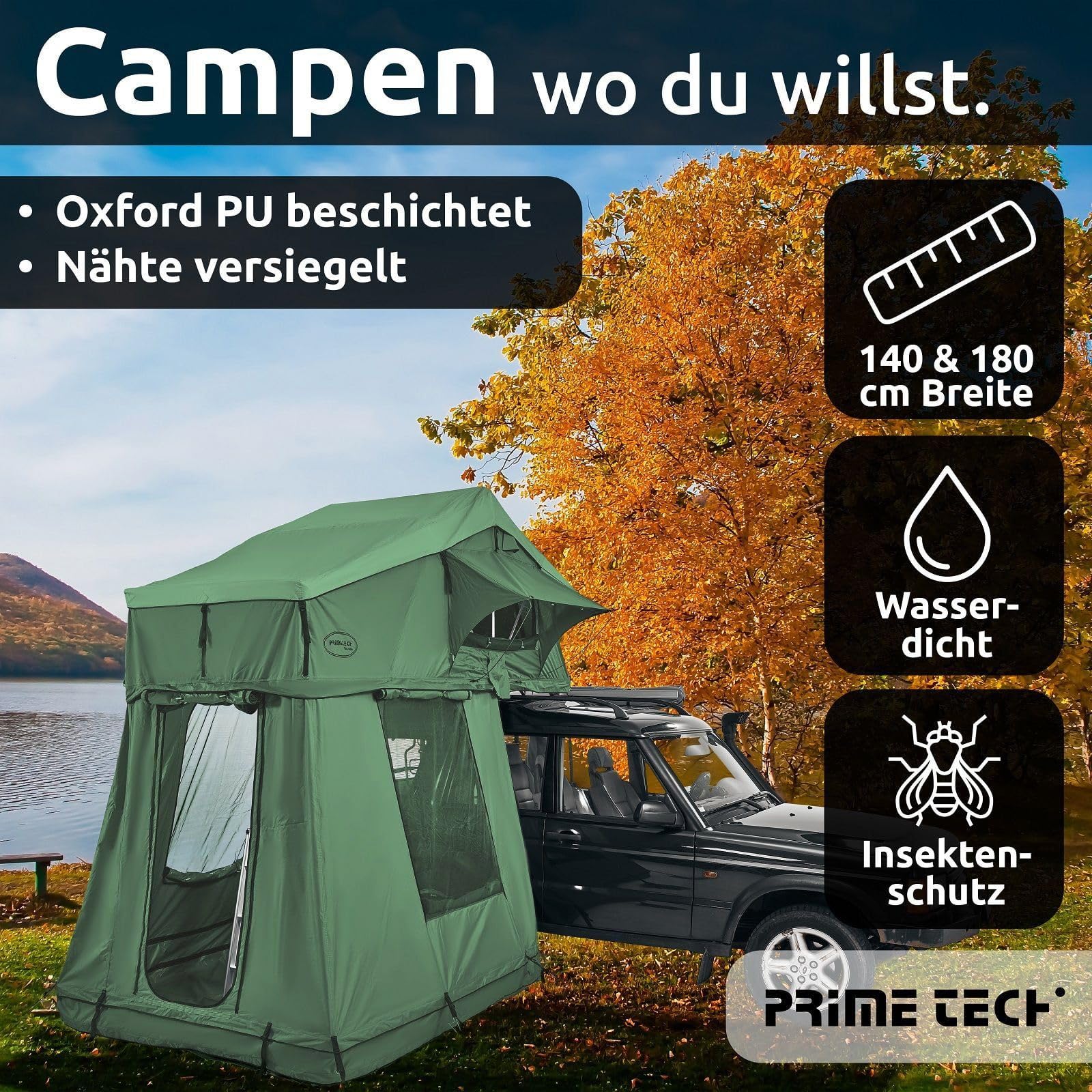 Prime Tech Extended L Car Roof Tent with Awning Softshell Roof Tent with Groundsheet and Telescopic Ladder 240 x 140 cm Lying Surface Comfort Tent for Camping, Vanlife & Overlanding Green