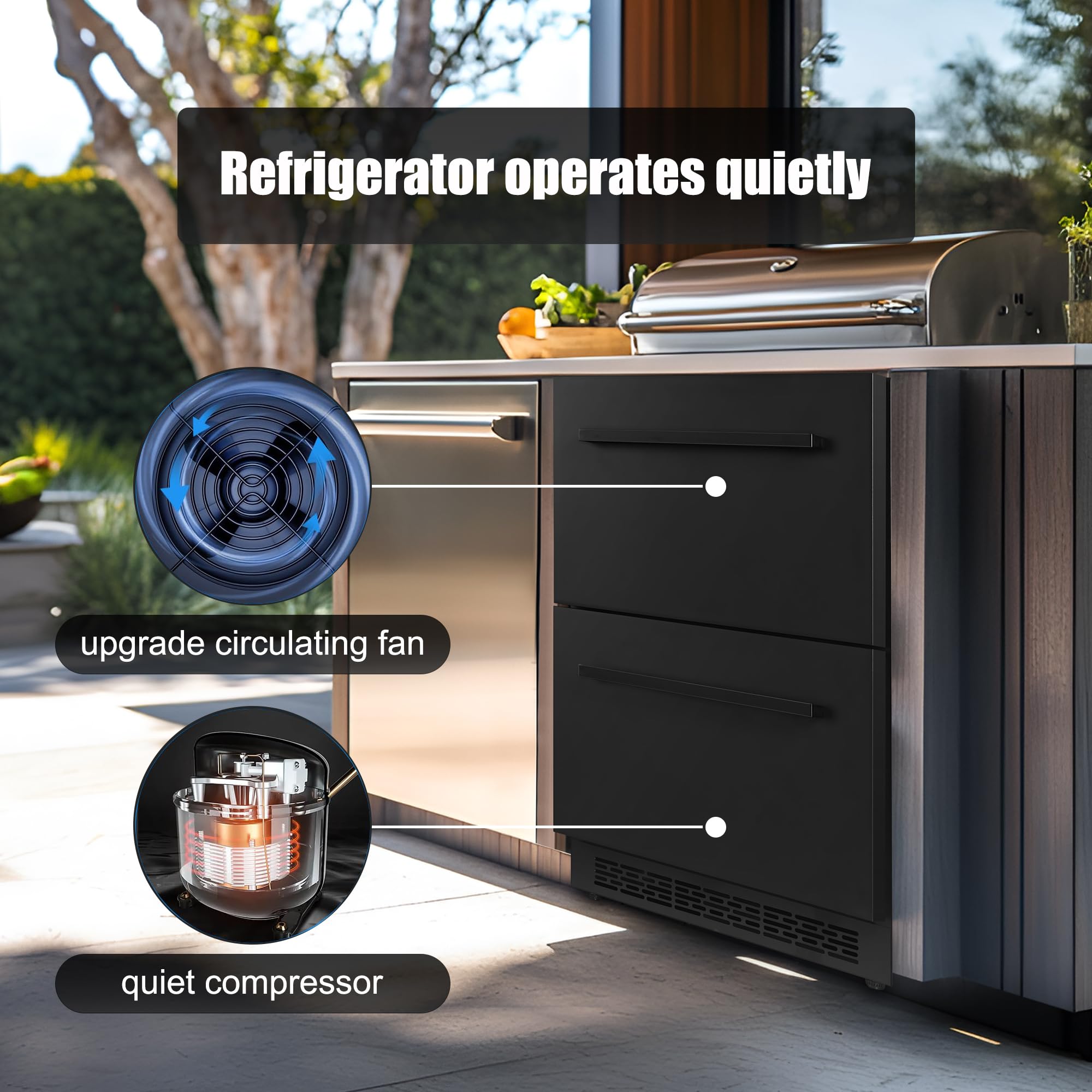 24inch Double Drawer Refrigerator With Freezer,Under Counter Beverage Fridge For Indoor Outdoor Kitchen, Waterproof Black Stainless Steel Freezer For Freshness & Freezing Meat (-0.4℉ To 50℉) on Fridge.com - View 4