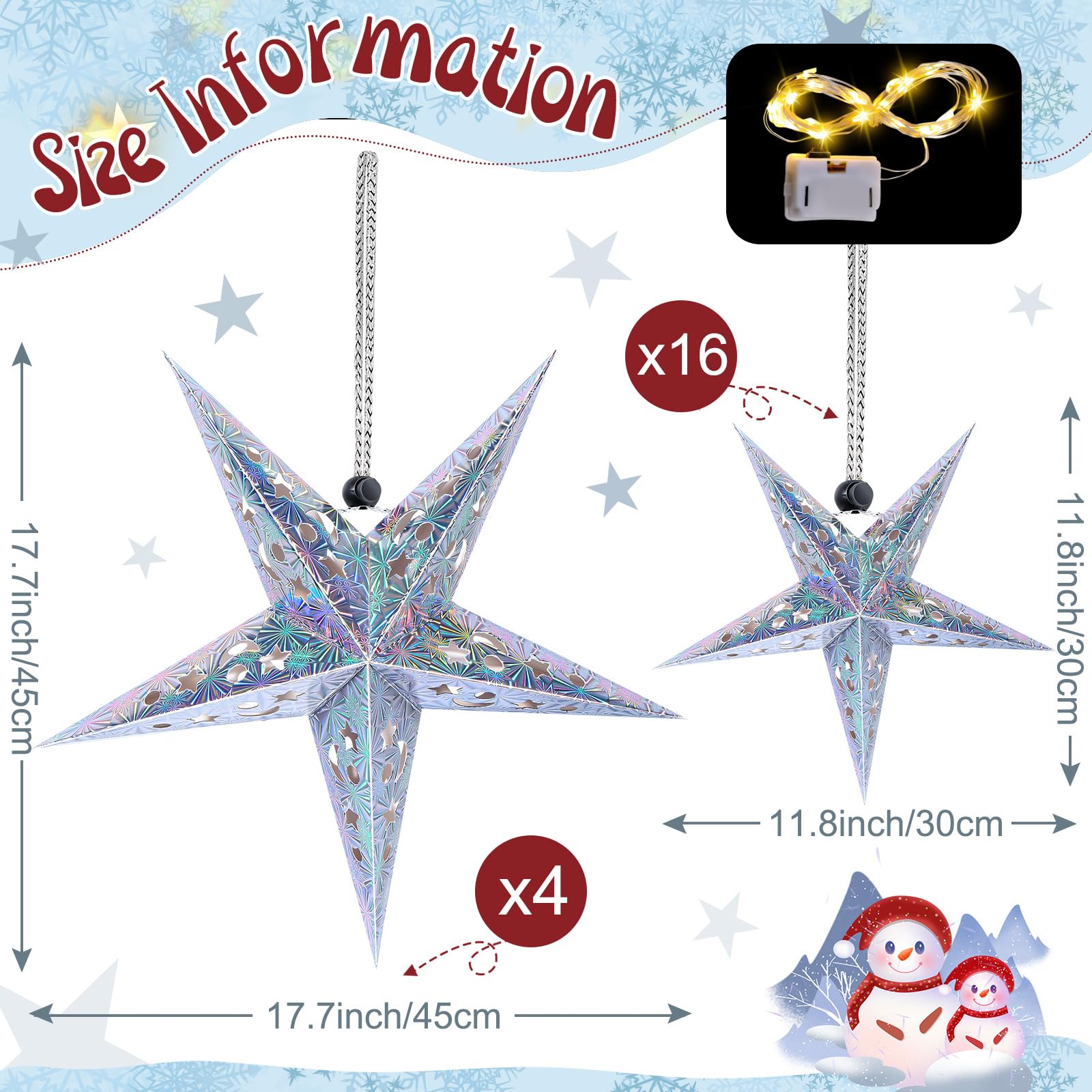 Juego de 20 faroles de estrella de papel de Navidad, 2 tamaños, 17.7 pulgadas, 11.8 pulgadas, adornos colgantes de Navidad, pantalla 3D, decoración colgante con 20 luces LED para Navidad, Año Nuevo,
