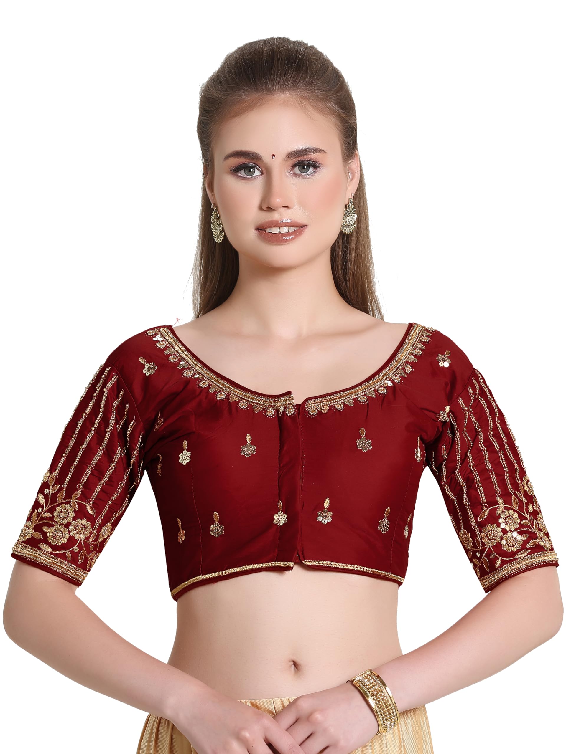 Pujia Mills Women's Readymade Bridal Embroidery Blouse Multi Coding Maggam Work Moti Work Indian Ethnic Designer Stitched Readymade Saree Half Sleeve Maroon Blouse For Women For Saree Lehenga Choli
