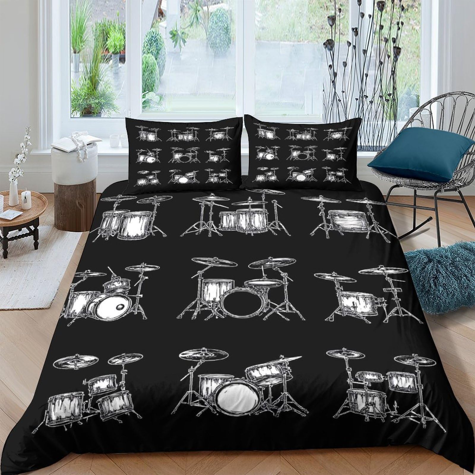 Ctjqhvkz Style-7 3D Printed Drum Kit Fitted Sheet Microfiber Black Musical Instrument Bed Cover For Bedroom Guest Room Dorm Mattress Protection Single（135X200cm）