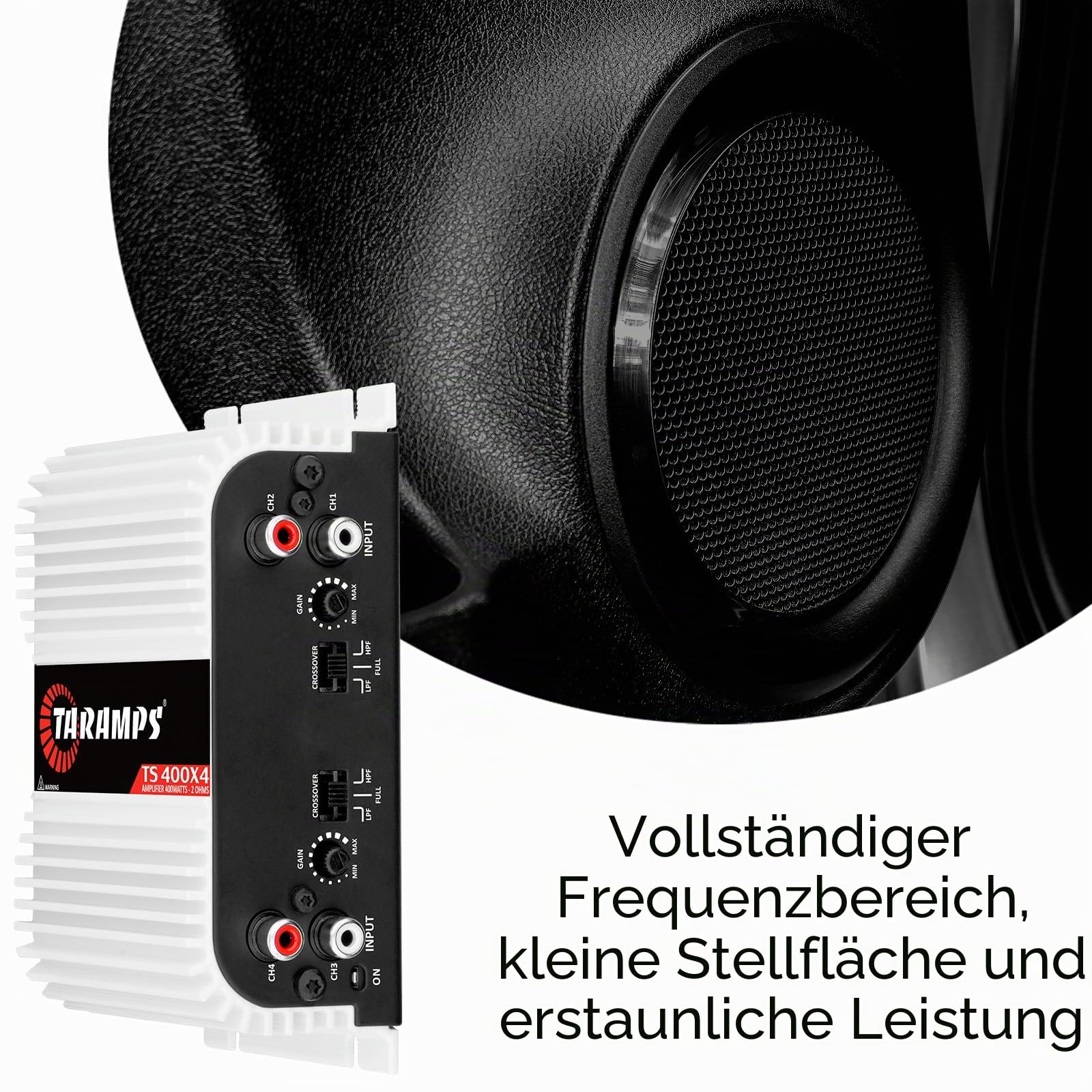 Taramps TS 400x4 FULL RANGE 2 Ohm 4 Kanäle 400 Watt RMS Klasse D Auto Audio Verstärker Mehrk LED Anzeige Crossover Frequenzgang 10Hz bis 30KHz Hochpass und Tiefpass