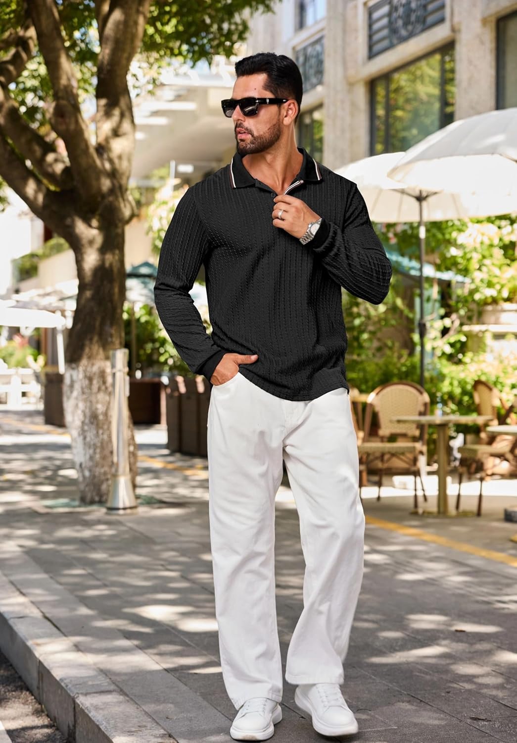 Rela Bota Men’s Knitted Polo Shirts Long Sleeve Casual Textured Pullover Fashion Vintage Golf Button T Shirts - Image 3