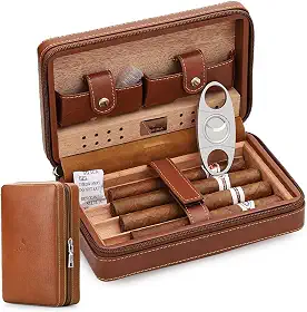 Estojo de charuto de couro portátil para viagem Time C Club com 4 dedos, cortador de charuto, umidificador com cortador de charuto e umidificador, presente de padrinhos