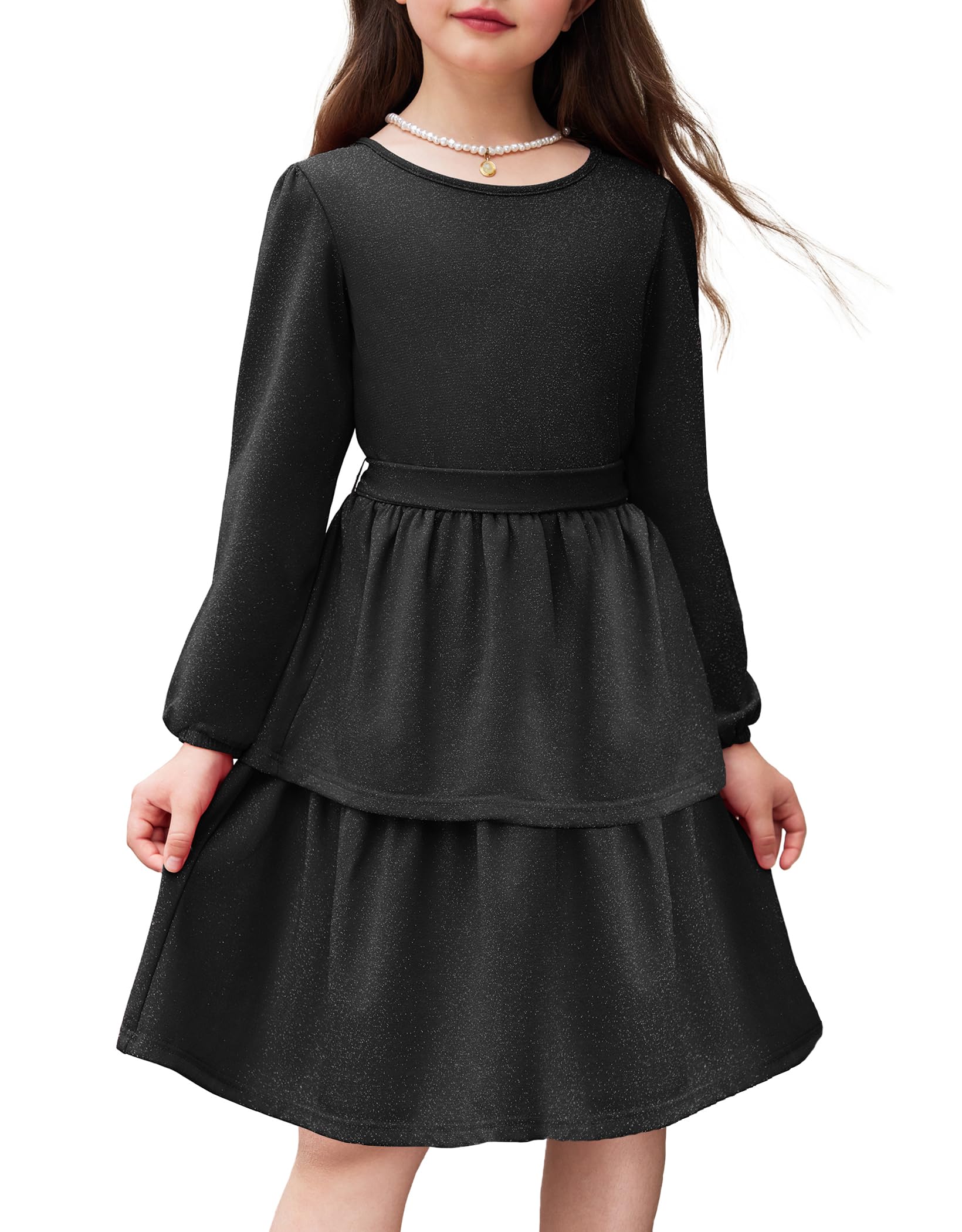 Arshiner Girls Dress Fall Sparkly Glitter Puff Sleeves Layer Party Dresses with Belt