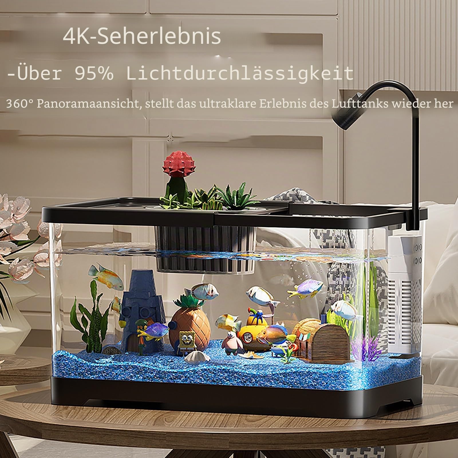 TaLcuS Aquarium mit Filter und Beleuchtung, Aquarium-Set klein, rechteckiges Aquarium mit LED-Beleuchtung, Tablett-Filtersystem(Black,30 * 18.8 * 18.5cm)