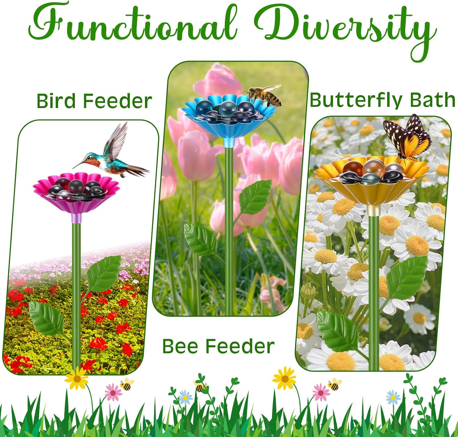 Baderke 4 Pack Bee Watering Station, Metal Butterfly Pollinator Water Feeder with Flower Design, Colorful Bee Bath Bowl with 50 Glass Marbles, Butterfly Watering Station for Outdoor Garden Yard Decor