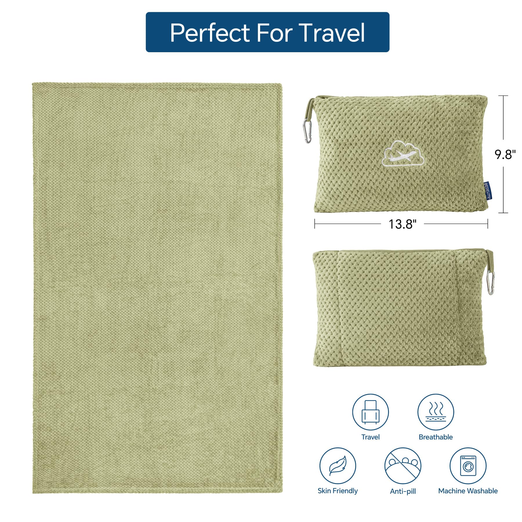 BEDELITE Travel Blanket with Bag, Jacquard Fleece Blanket 65"x40", Sage view 3