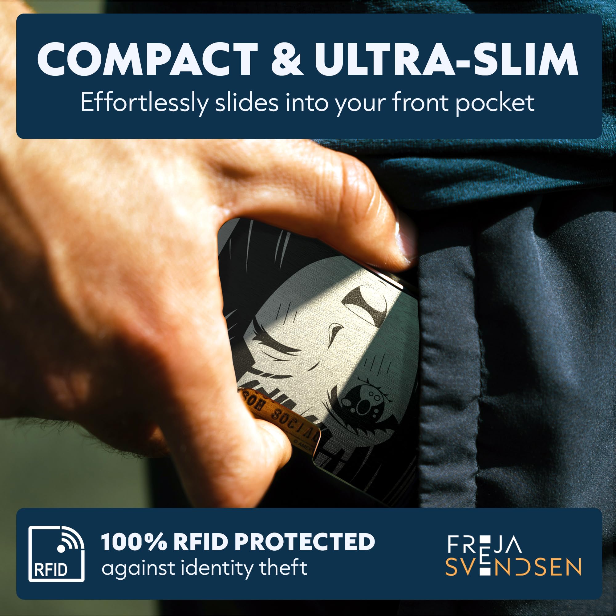Freja Svendsen Engraved Aluminum Wallet for Men - Slim Money Clip & Card Holder with Engraved Finish. Enhanced RFID Blocking, Compact, Unique & Minimalist Wallets