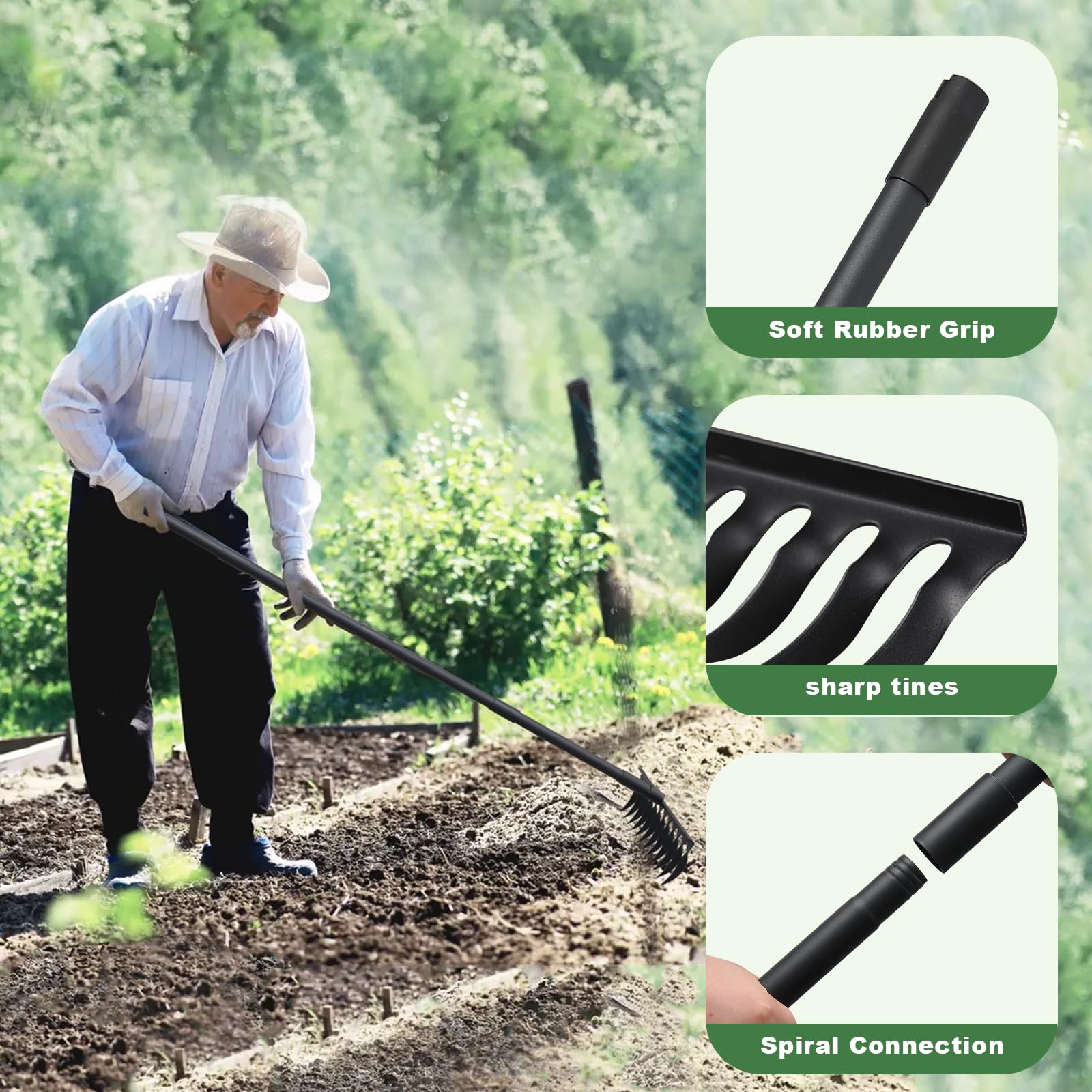 Rastrillo de arco resistente de 60 pulgadas con mango ajustable, rastrillos de jardín de metal resistente para jardinería, rastrillo de metal para recoger hojas, aflojar la tierra, nivelar el césped,