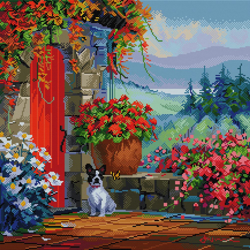 Awesocrafts Cross Stitch Stamped Kits Flowery Courtyard Easy Patterns Cross Stitching Embroidery Needlework Kit Supplies 14CT 2 Strands