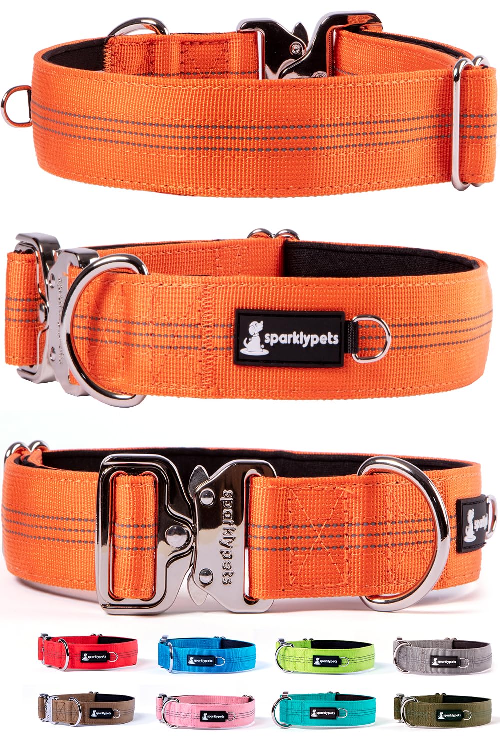 SparklyPets Heavy Duty Wide Dog Collar with Quick Release Chrome Buckle – Thick Tactical Dog Collar with Reflective Stripes & Soft Lining – for Large