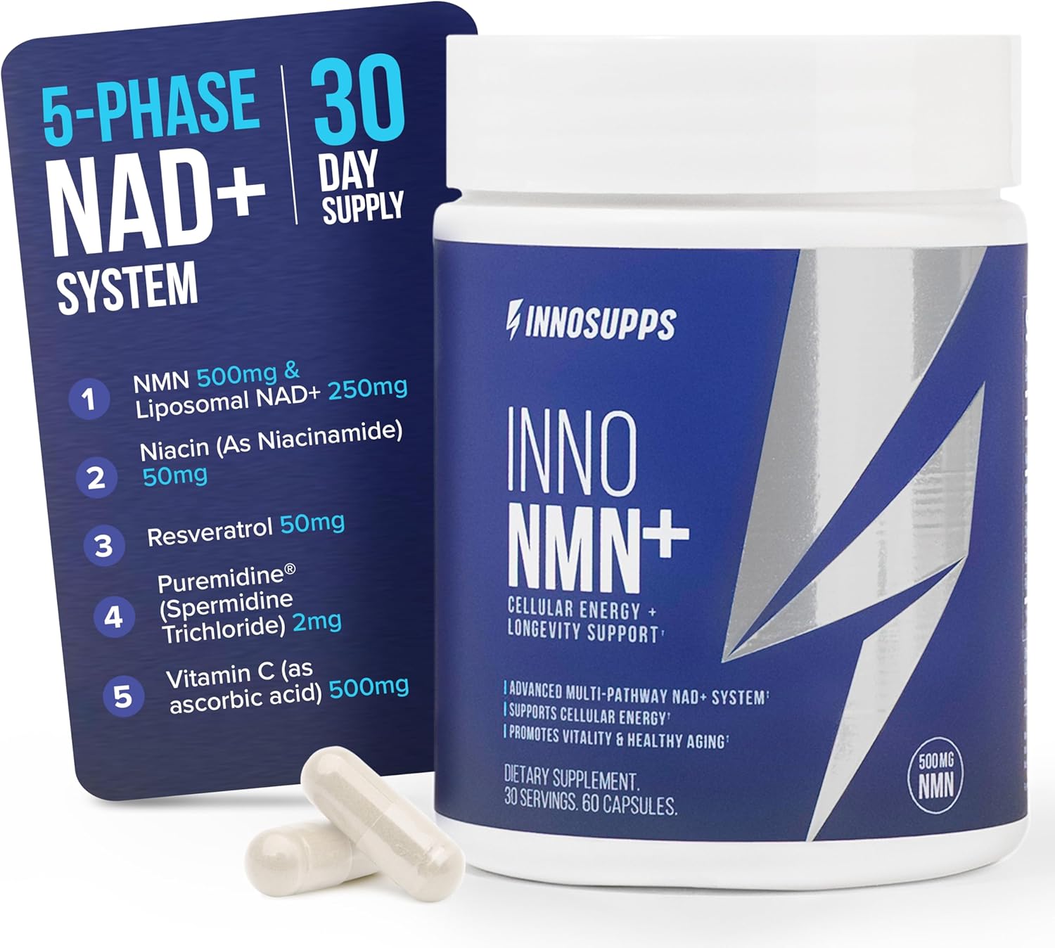 InnoSupps Inno NMN+ Supplement 500mg NAD Booster for Brain Function, Anti Aging & Cell Regeneration, Supports Cellular Energy, Muscle & Heart Health, w/Resveratrol, Niacin, & Vitamin C - 30 Servings