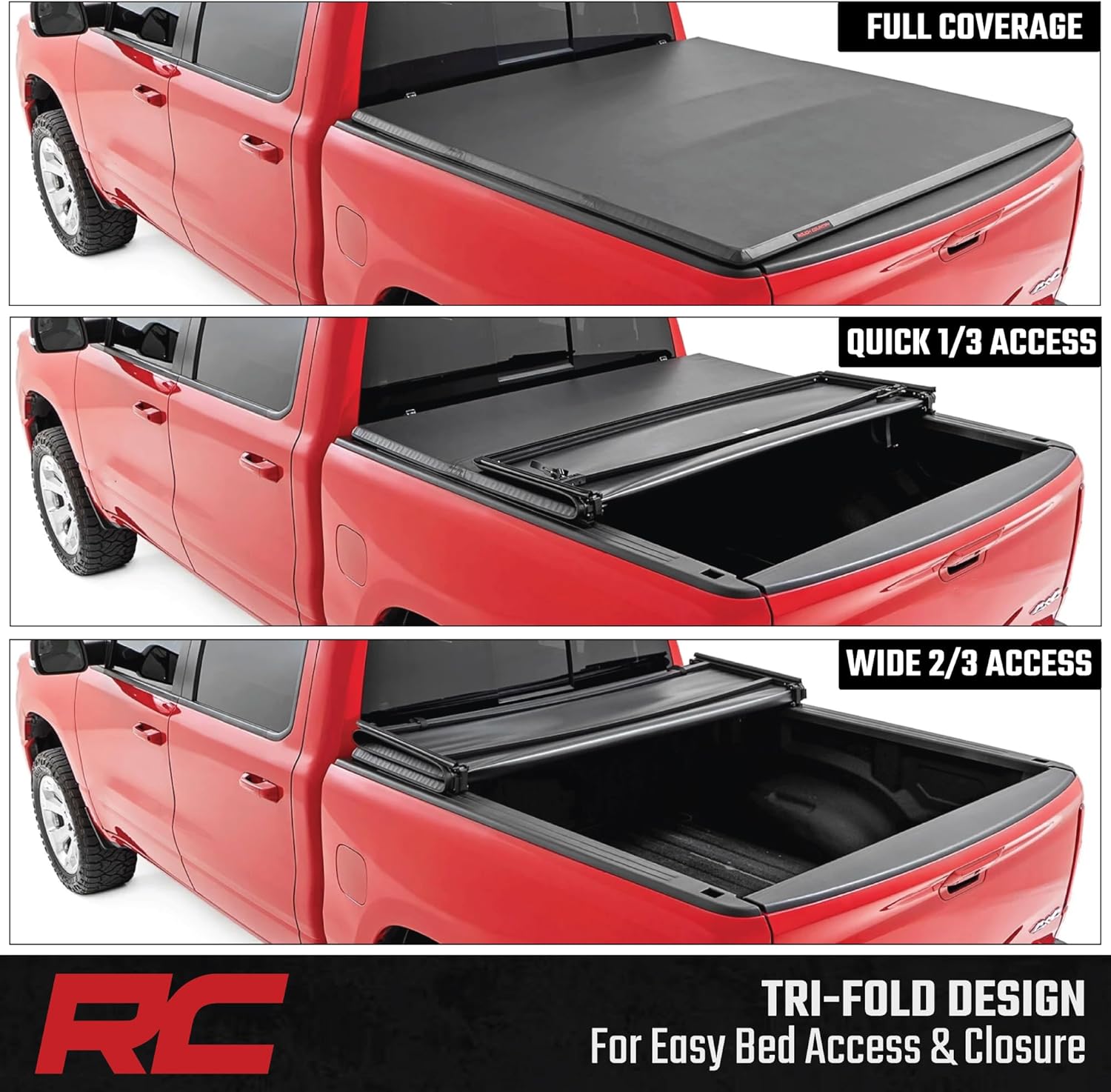 Rough Country Soft Tri-Fold Bed Cover for Toyota Tundra 2WD/4WD (2022–2025) - Fits 6'7" Bed, Works w/or w/o Factory Utility Rail, Vinyl Tonneau Cover