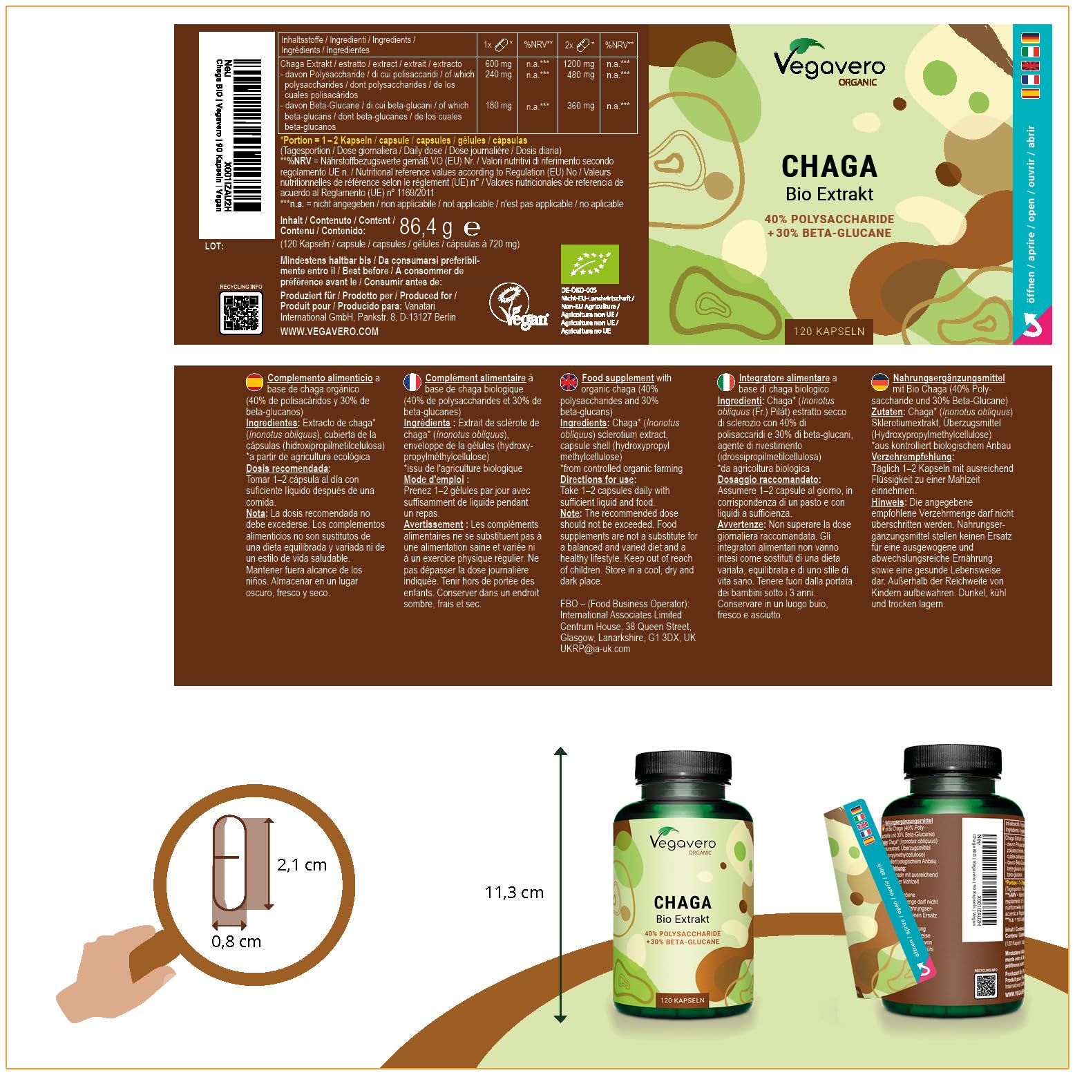 CHAGA BIO Vegavero® | 6000 mg (10:1) | Fungo Inonotus Obliquus | con 40% di Polisaccaridi e 30% di Beta Glucani | 120 capsule | Vegan