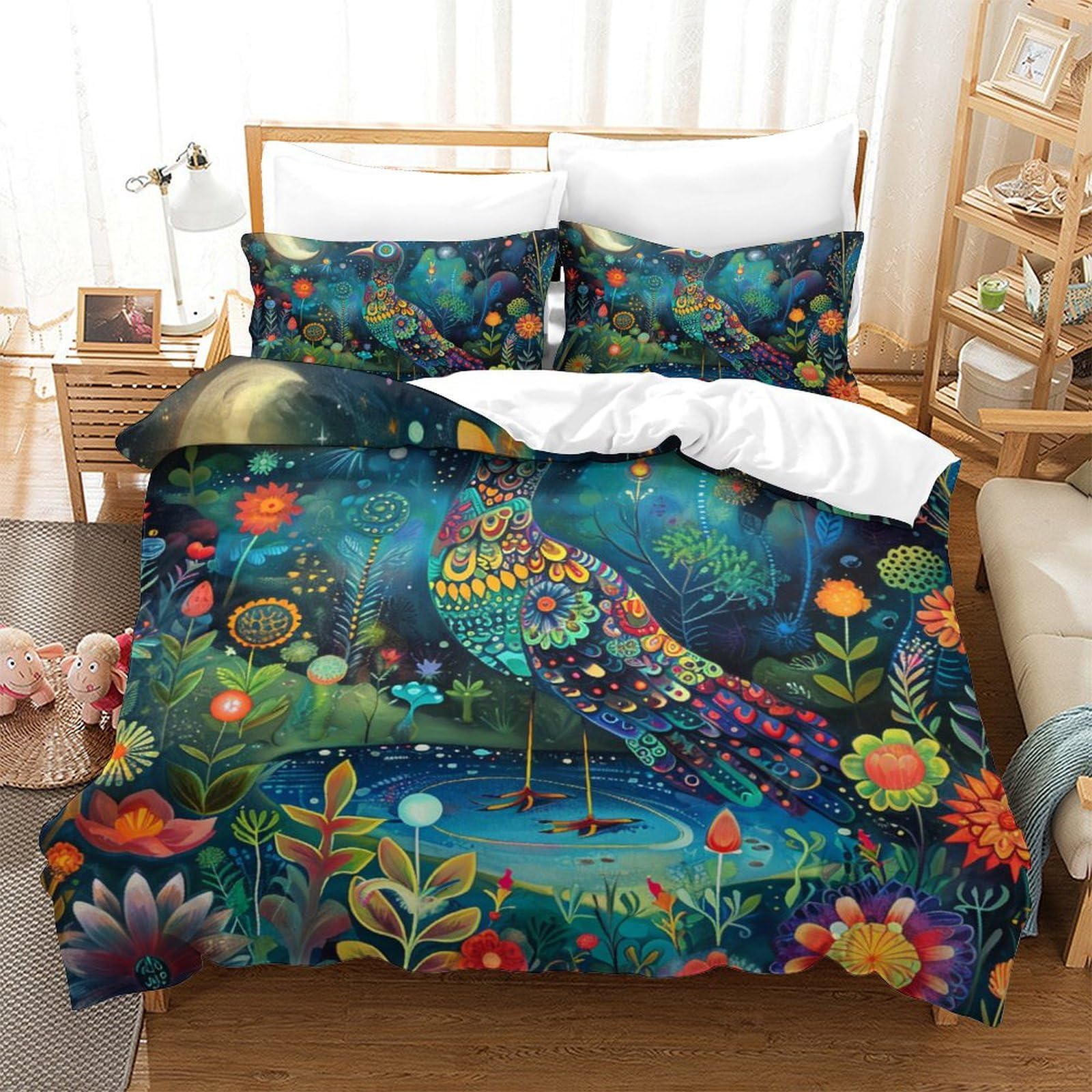 Housse de couette oiseaux 220x240 pour lit ado avec fermeture éclair facile à changer