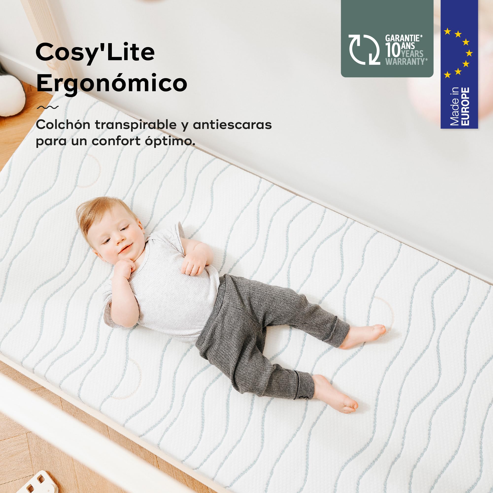 Babymoov Colchón de bebé Cosy’Lite ergonómico 60x120cm -Confort y sujeción óptima para la Columna Vertebral y una Cabeza Redondeada -Espuma de Alta Densidad 10 m -Fabricado en Portugal -Desenfundable