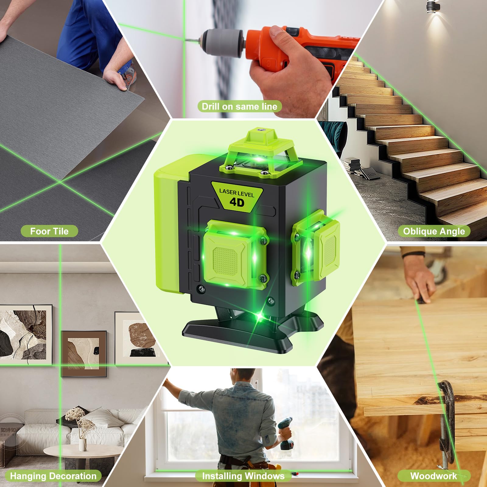 Livella Laser Autolivellante 16 Linee, 4 X 360 °Livello Laser Autolivellante Verde, 2 x Batterie, Autolivellante, Supporto Rotante, Telecomando Cabina di Rilevamento (con Treppiede)