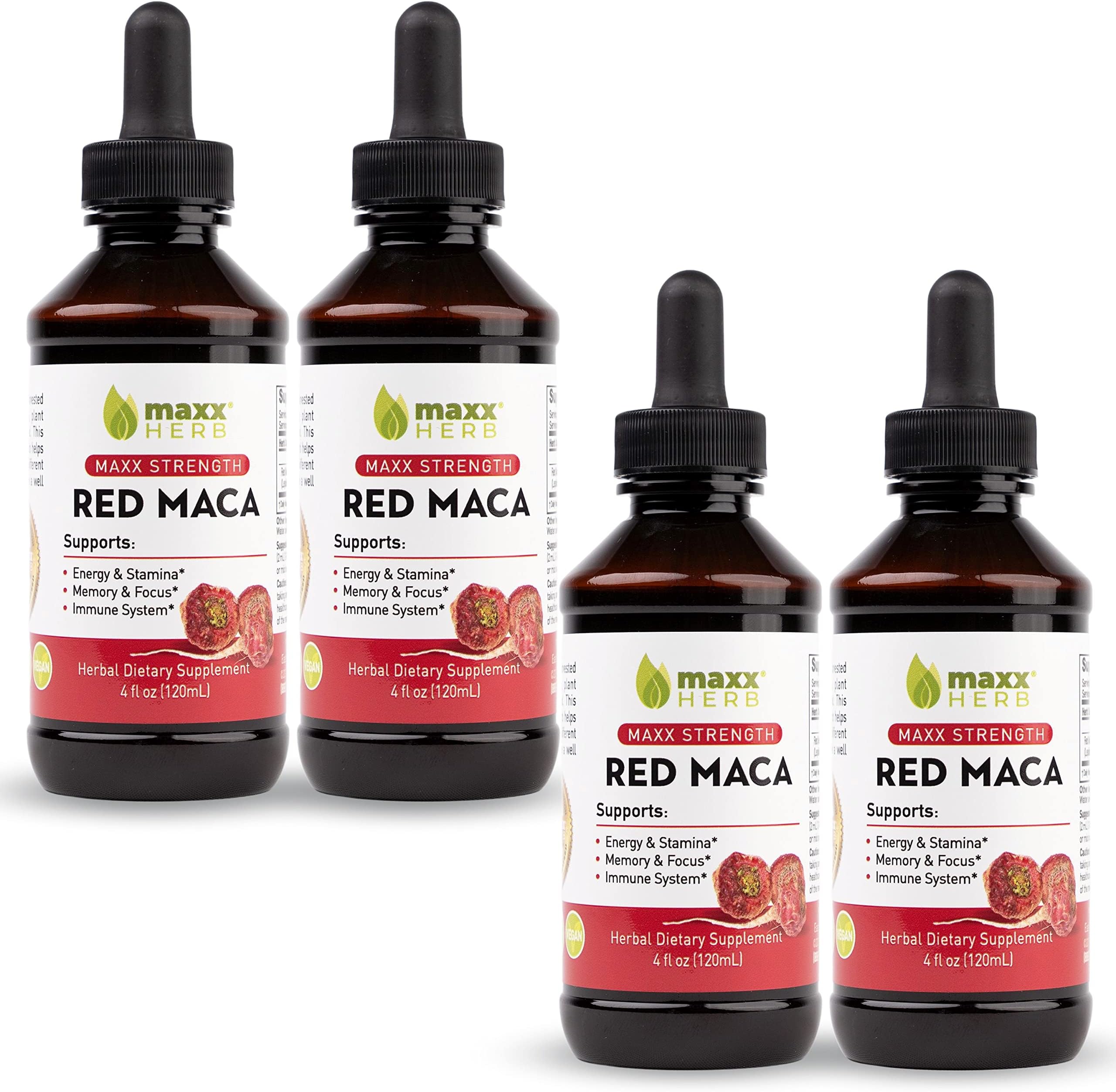 Maxx Herb Red Maca Root Extract - Max Strength Liquid Drops Absorb Better Than Powder or Capsules, for Stamina, and Hormone Balance - Alcohol Free - 4 Bottles, 4 Oz Each (240 Servings)