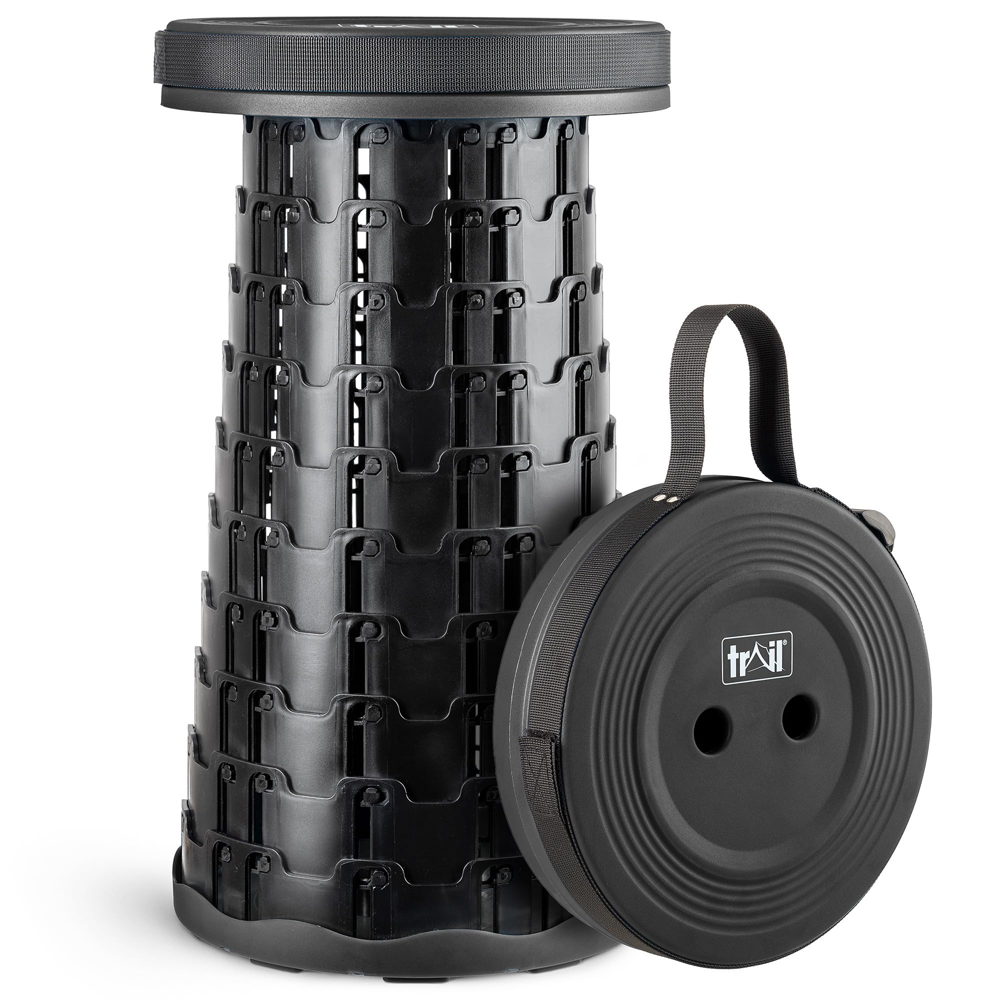 Trail Portable Telescopic Stool, Collapsible Folding Expanding Outdoor Camping Seat, Adjustable to H45cm, Safety Lock, Lightweight with Carry Strap, 150kg Max Load, Hiking, Festival, Fishing (Black)