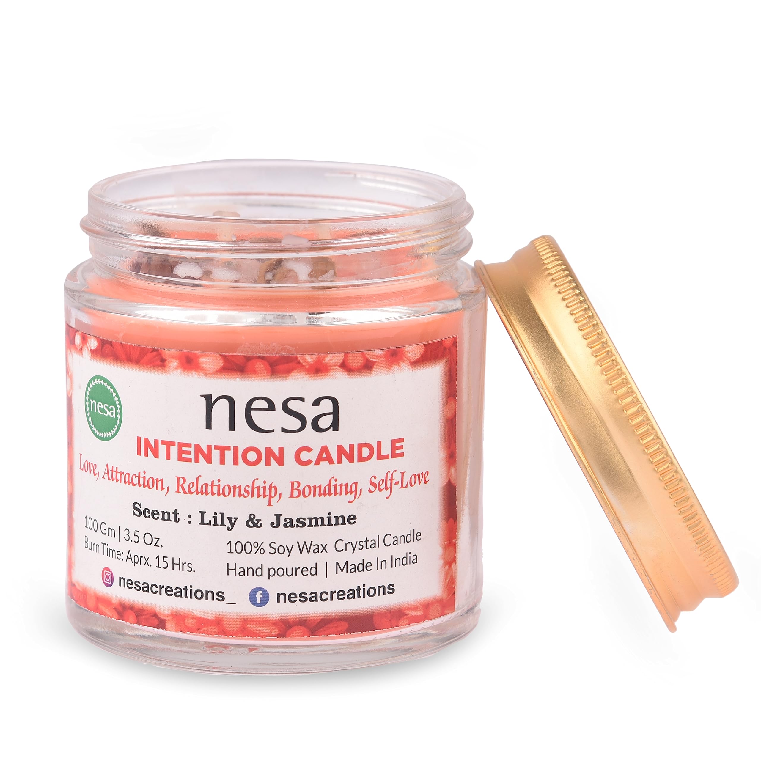 Premium Love Intention Crystal Candle - Red Soy Wax Glass Jar Candle with Lid, Lily & Jasmine Scent - Spell & Ritual Candle for Relationships & Bonding - 100g (3.5 oz) | Home Décor & Gifting