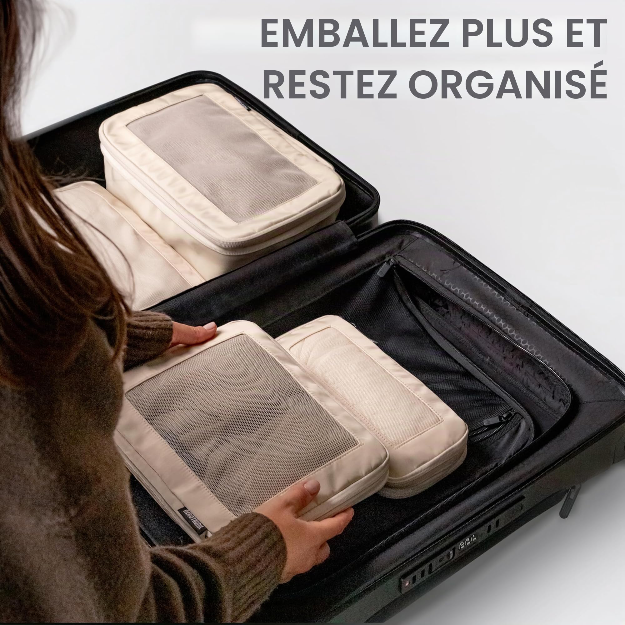 Aerotrunk Lot de 4 cubes d'emballage de compression pour voyage – Sacs de rangement de bagages – Cubes d'emballage à double fermeture éclair pour valises (lot de 4, noir)