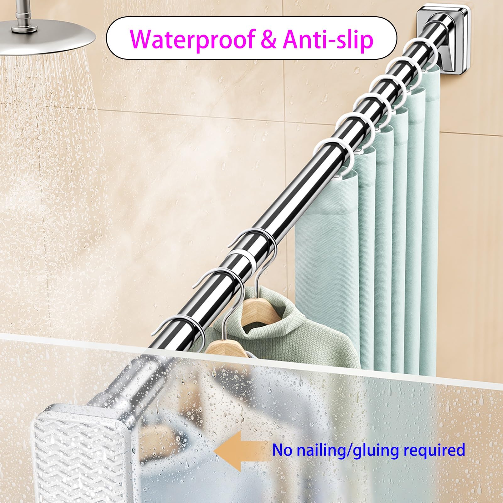 Asta regolabile in acciaio per armadio, 0,5 m-4 m, senza fori, retrattile, per appendere vestiti e stendibiancheria da bagno, colore: bianco, dimensioni: 1,9 m - 2,6 m, soluzione salvaspazio