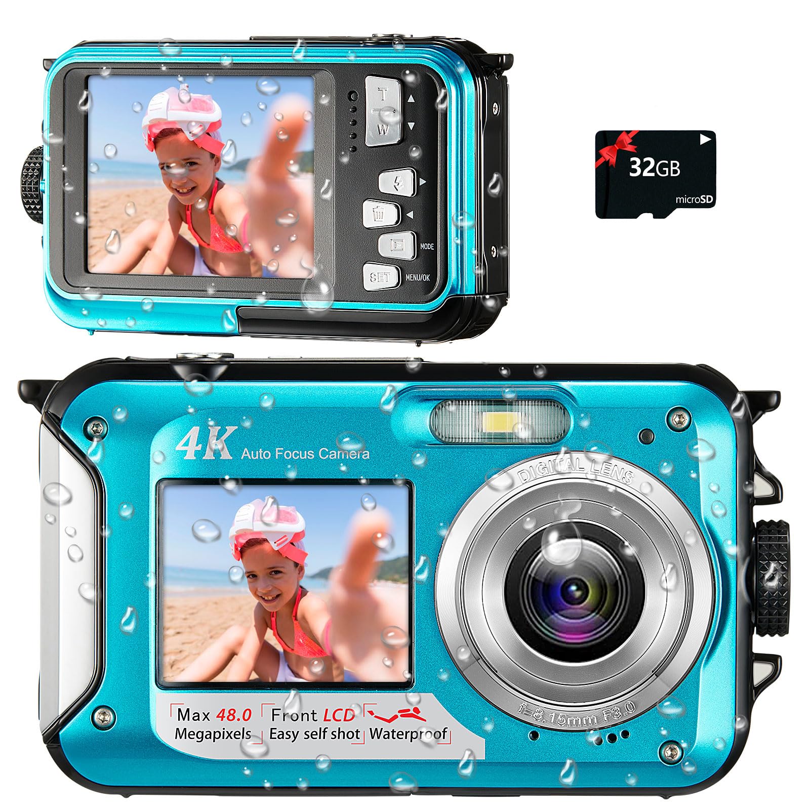 4K Waterproof Camera 11FT Underwater with 32GB Card 48MP Autofocus Selfie  Dual-Screen Cameras for Snorkeling, Compact Digital 1250mAh Battery（Blue）