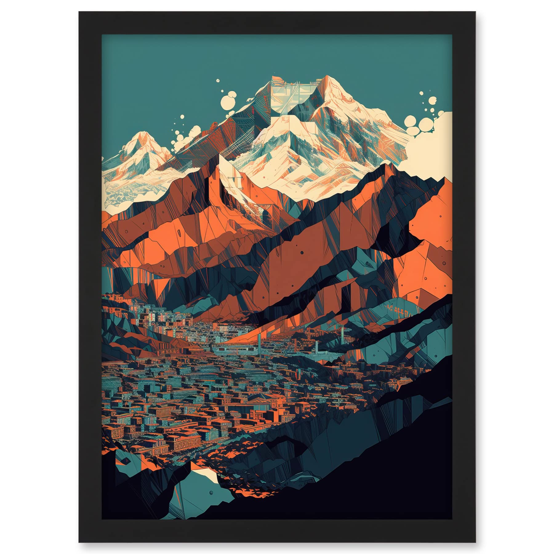 Artery8 Modern City Surrounded by Tall Mountains Landscape Artwork Framed A3 Wall Art Print