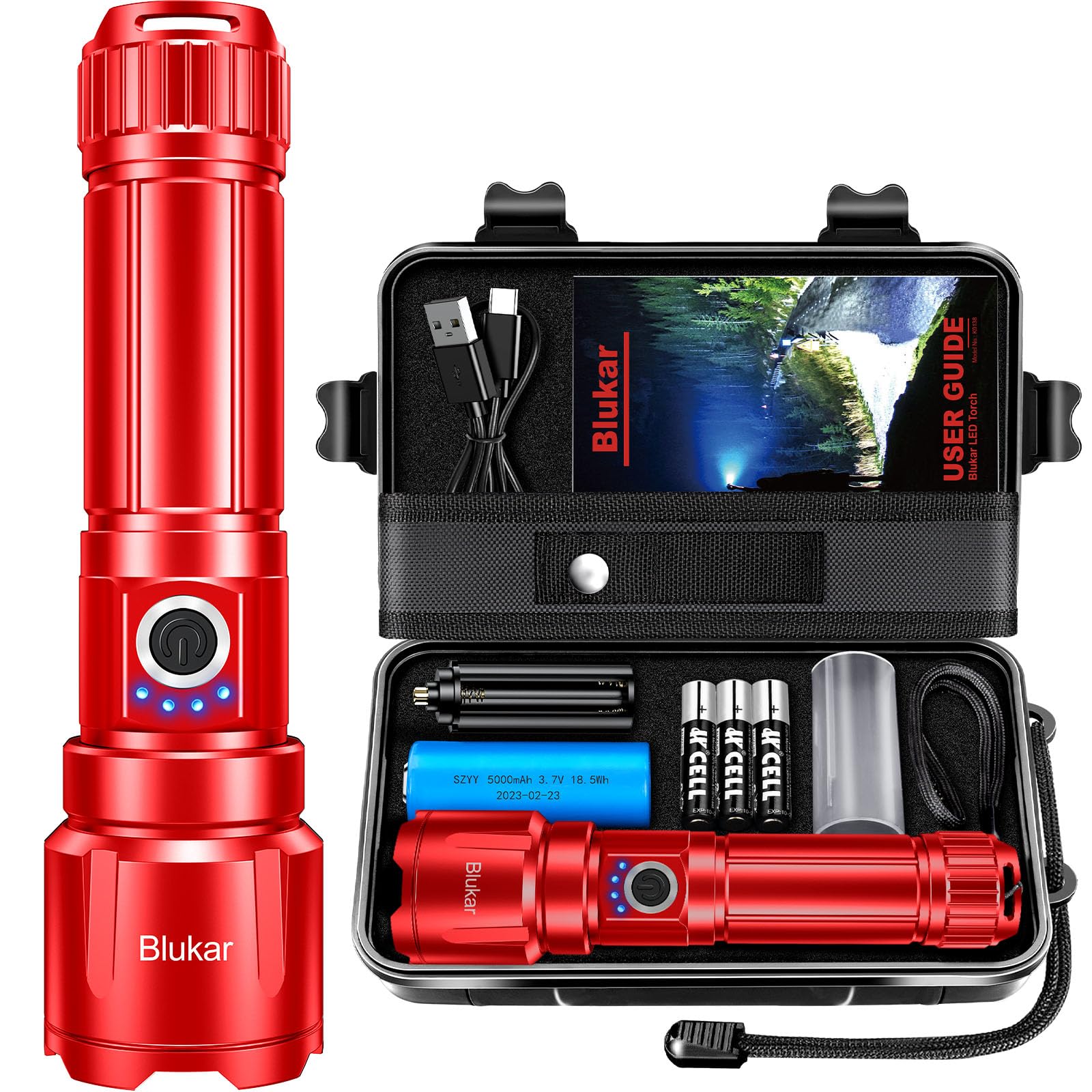 Rechargeable Flashlight High Lumens, Super Bright LED Powerful Tactical Torch - 5 Light Modes, Zoomable, Long Lasting, Waterproof Handheld Flash Light for Emergency, Camping, Hiking-Red