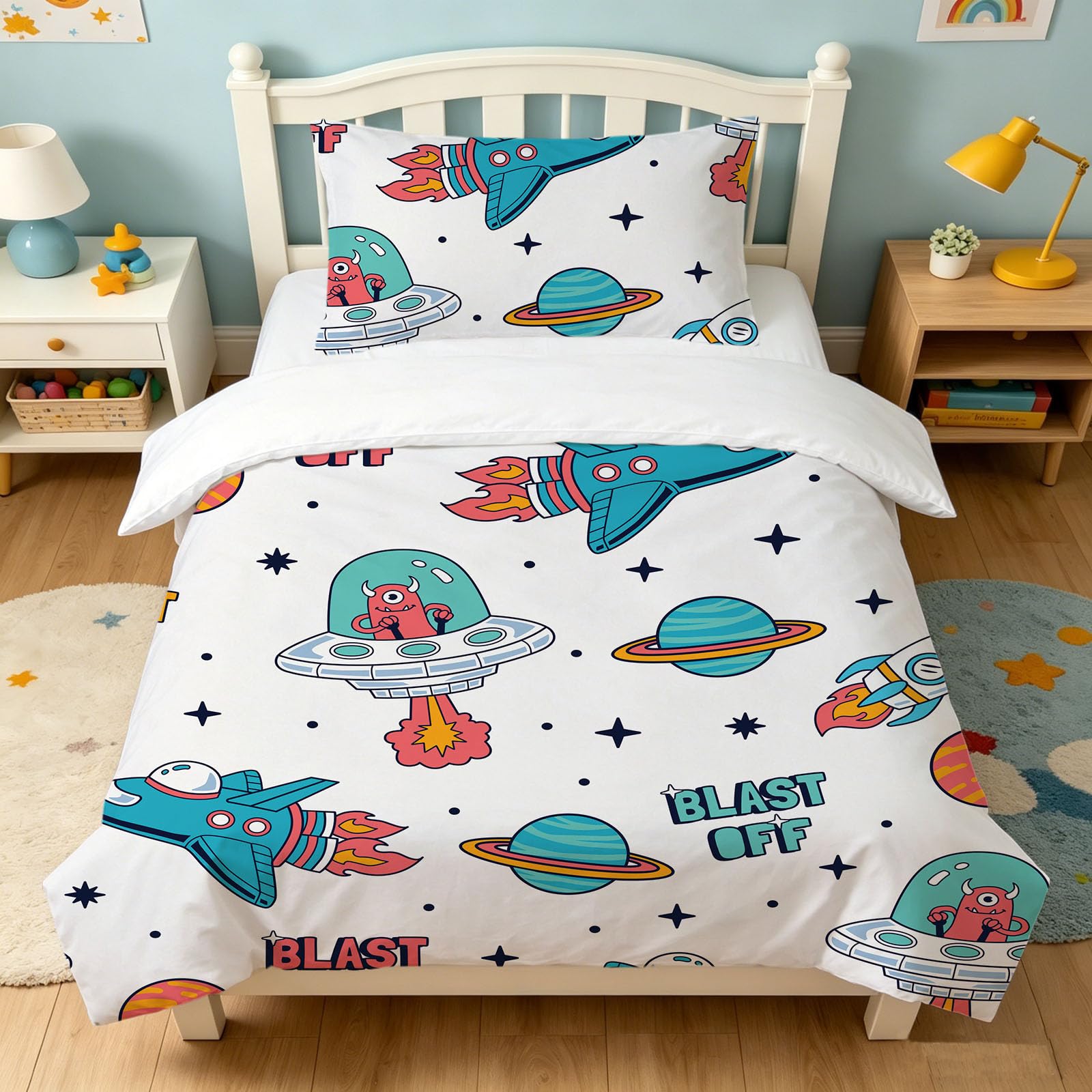 Caregchrisj Cot Bed Duvet Cover Set 120x150cm - Cartoon Space Print Toddler Bedding, Features Zippered Closure with 1 Pillowcase 40 x 60 cm-Soft - Breathable Duvet Cover Sets — image 1