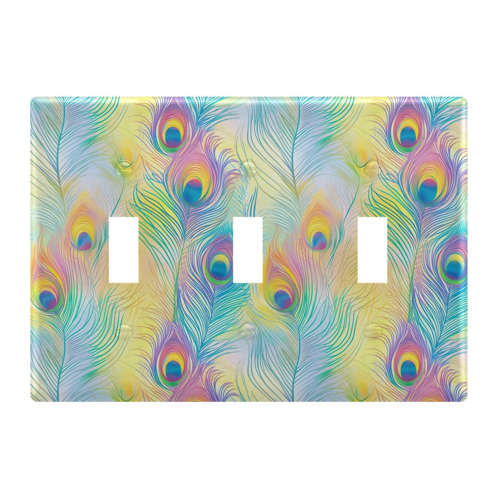 Light Switch Cover Rainbow Peacock Feathers Wall Plates for Electrical Outlets 3 Gang 202b7157