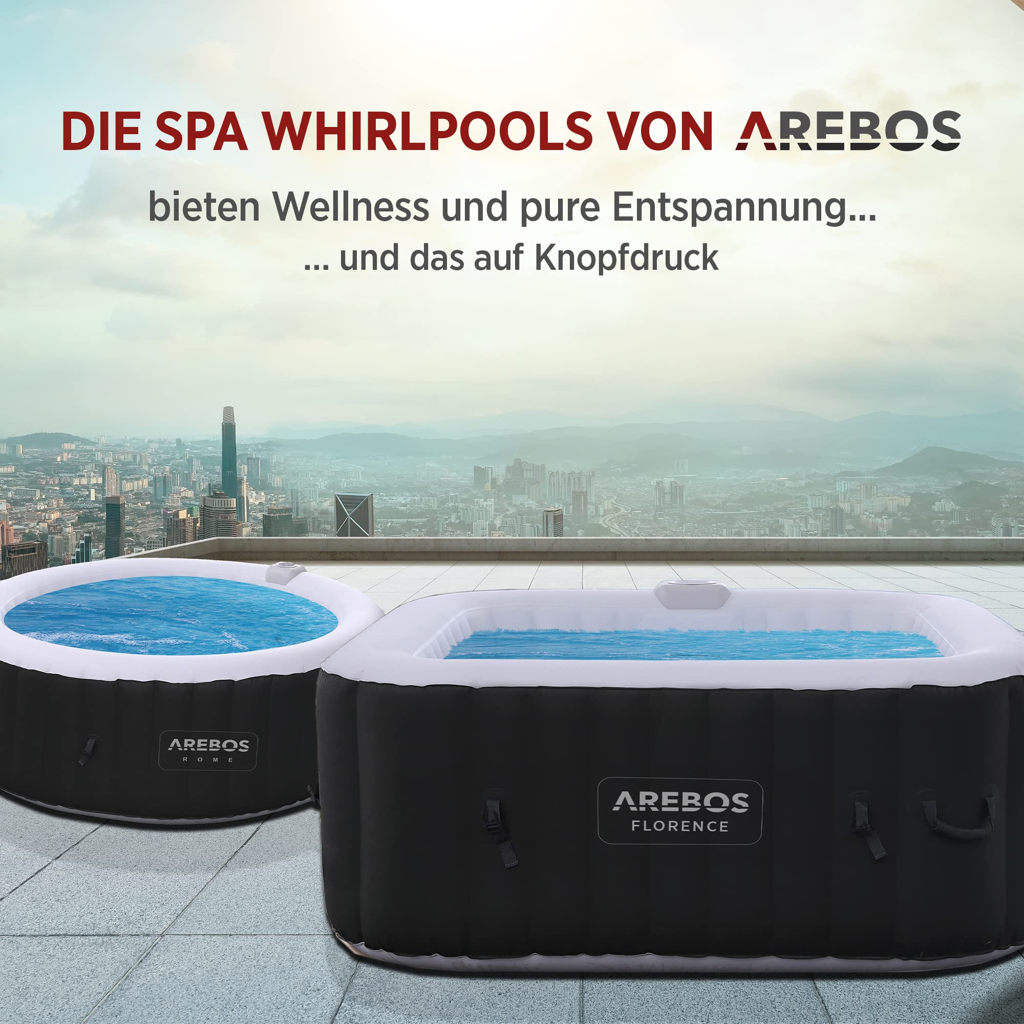Arebos Aufblasbarer Spa Pool | für drinnen und draußen | Whirlpool 4 Personen | 154x154cm | 100 Massagedüsen | Wellness Spa Heizung | Aufblasbare Massage Quadrat | 600 Liter