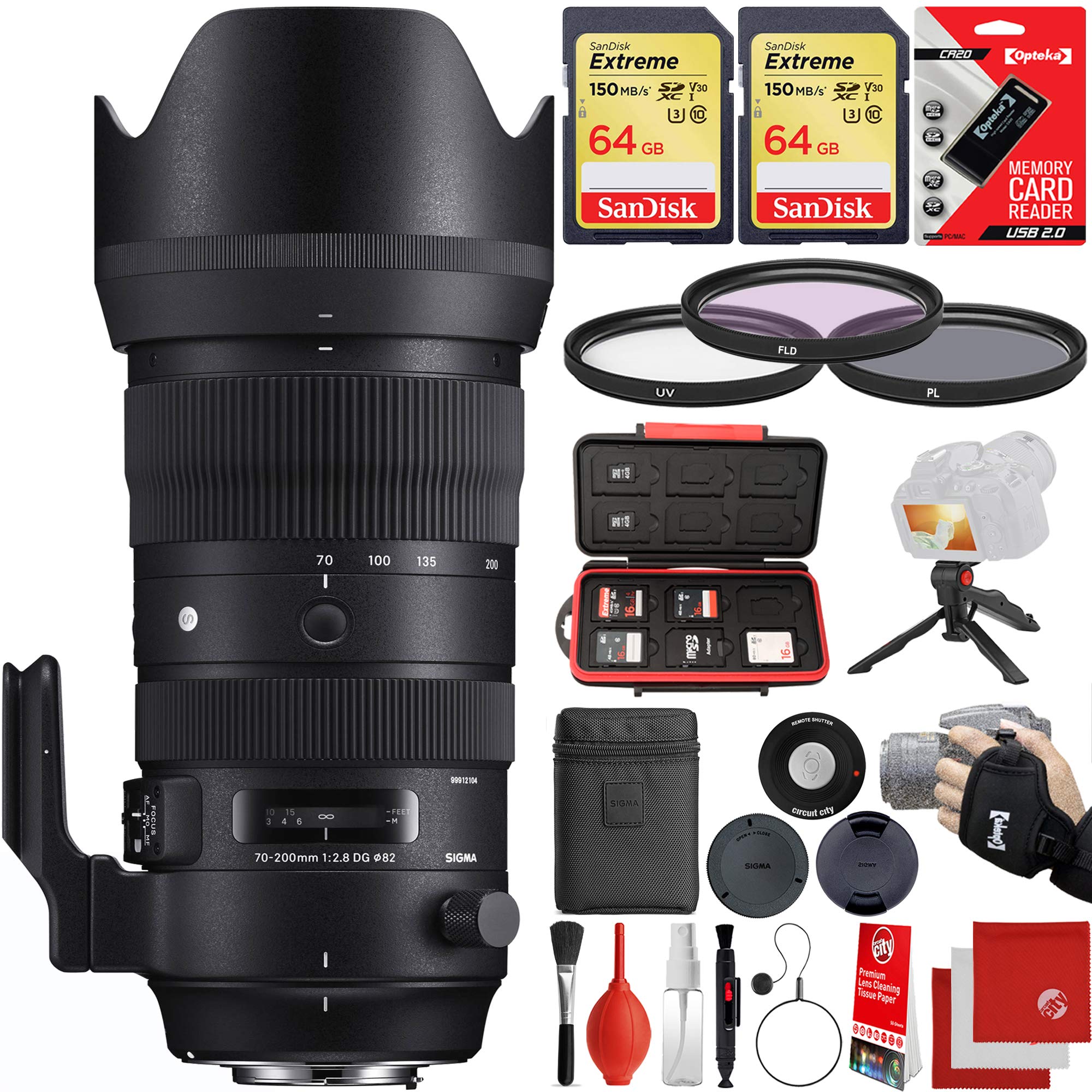 Sigma 70-200mm f/2.8 DG OS HSM Sports Lens Nikon F-Mount Bundle with 2X 64GB Extreme Memory Cards, IR Remote, 3 Piece Filter Kit, Wrist Strap, Card Reader, Memory Card Case, Tabletop Tripod
