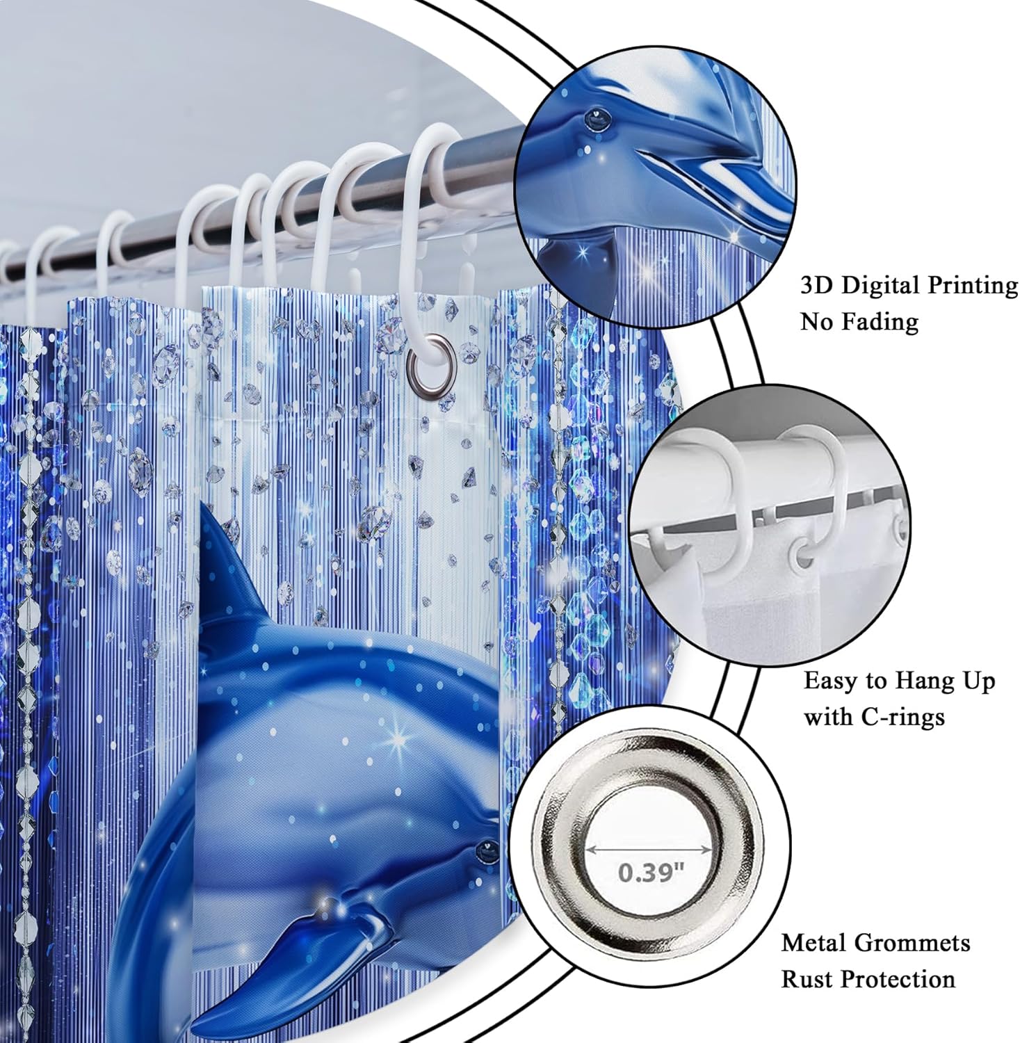 Riyidecor Diamond Dolphin Blue Silver 4Pcs Bathroom Shower Curtain Sets Ocean Sparkle Bathroom Decor Set with Rugs and Accessories Sea Animals Toilet Lid Rug, Contour and Bath Mat with 12 Hooks