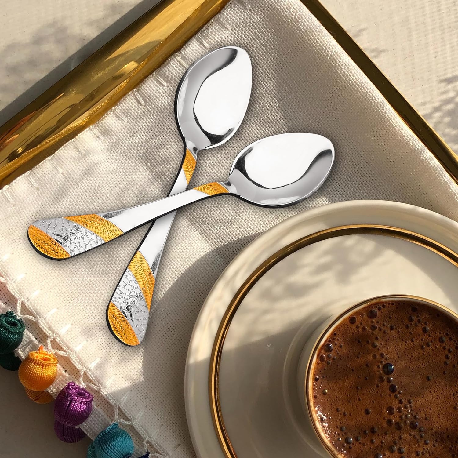 6 Pieces Stainless Steel Golden Tea Spoons Set, 13.5 cm Long, Premium Spoons for Home & Kitchen, Luxury Dining Tableware Gift for House Warming, 24k Gold Small Spoon, Imperial Design