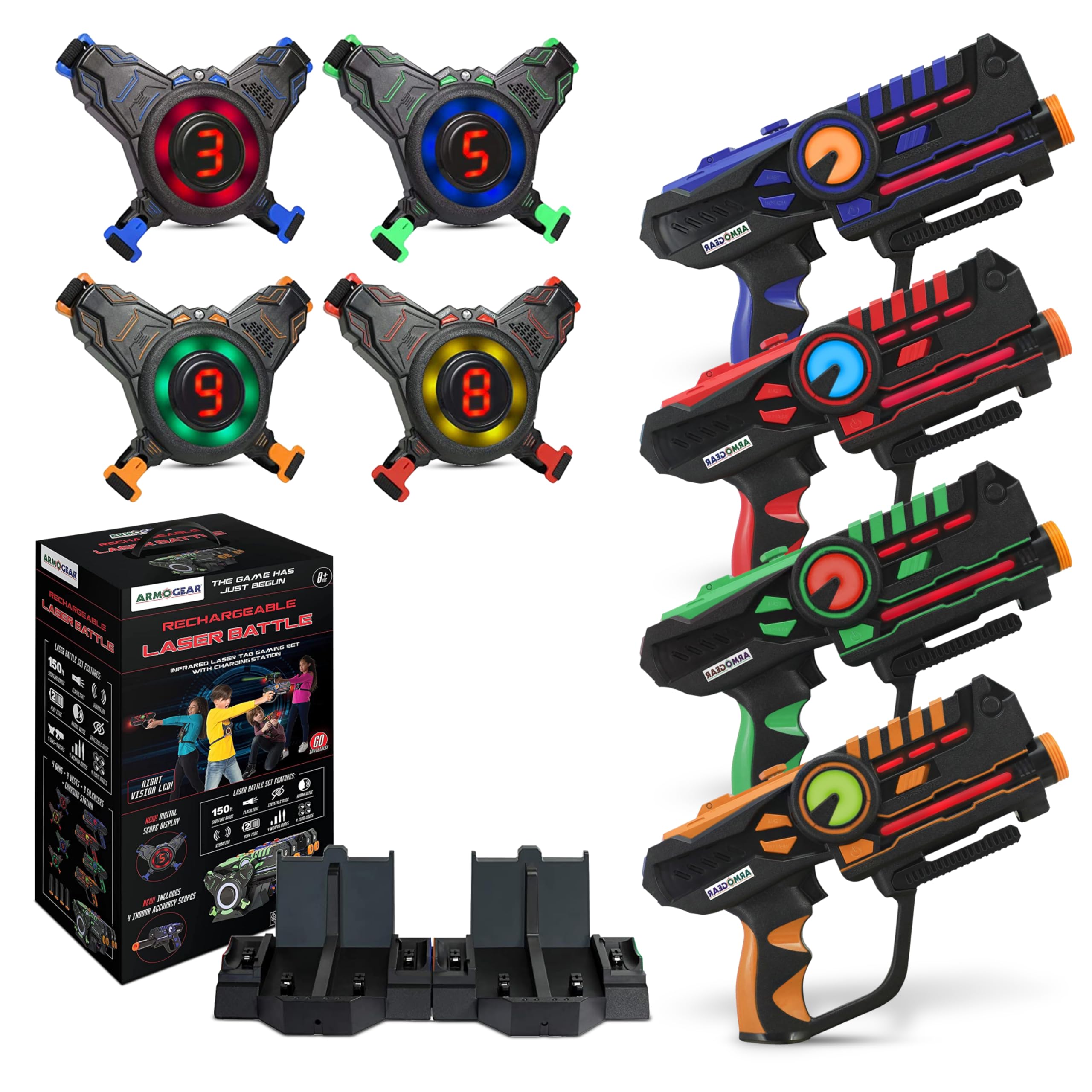 ArmoGear Laser Tag Guns with Vests Set of 4 - Adult Laser Tag Guns, Multiplayer Lazer Tags Set for Kids, Teens, and Adults - Indoor and Outdoor Game for Family Fun - Gift for Boys and Girls, Ages 8+