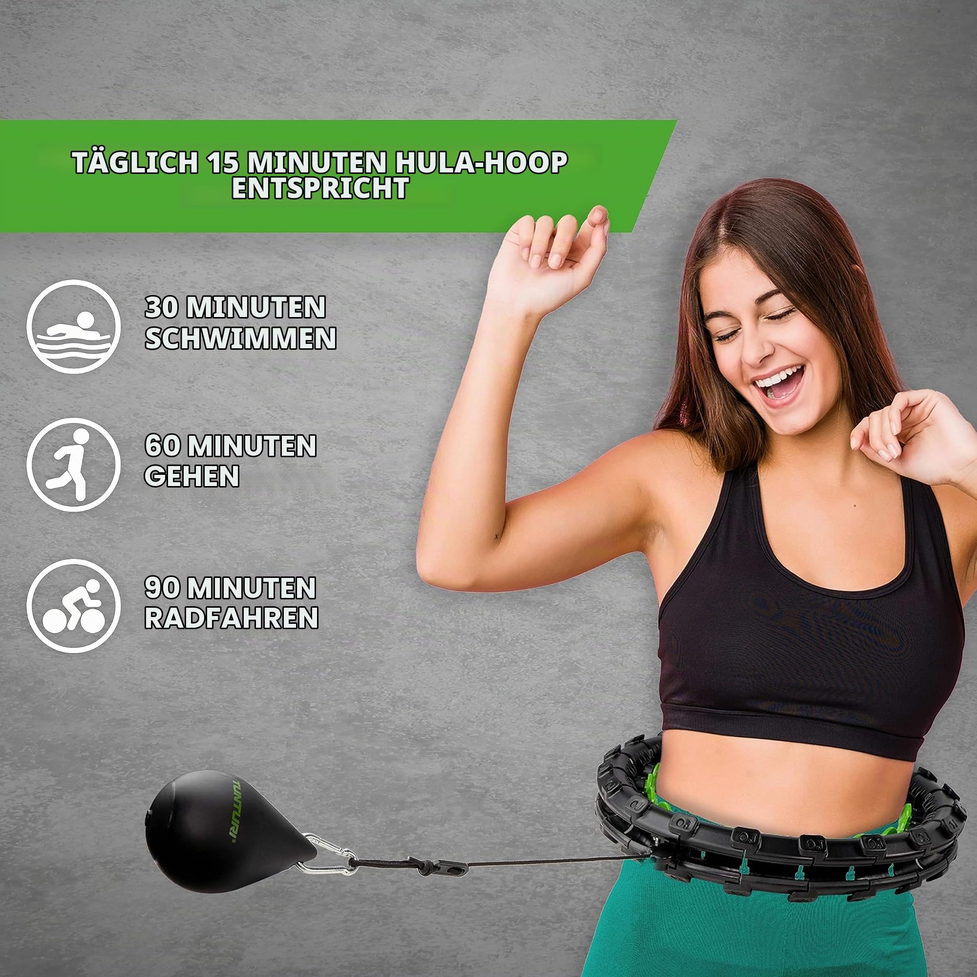 Tunturi Hula Hoop, Hula Hoop Reifen Erwachsen & Anfänger, Einstellbare Hoola Hoop Reifen für Gewichtsverlust und Fitness, Grün,Schwarz